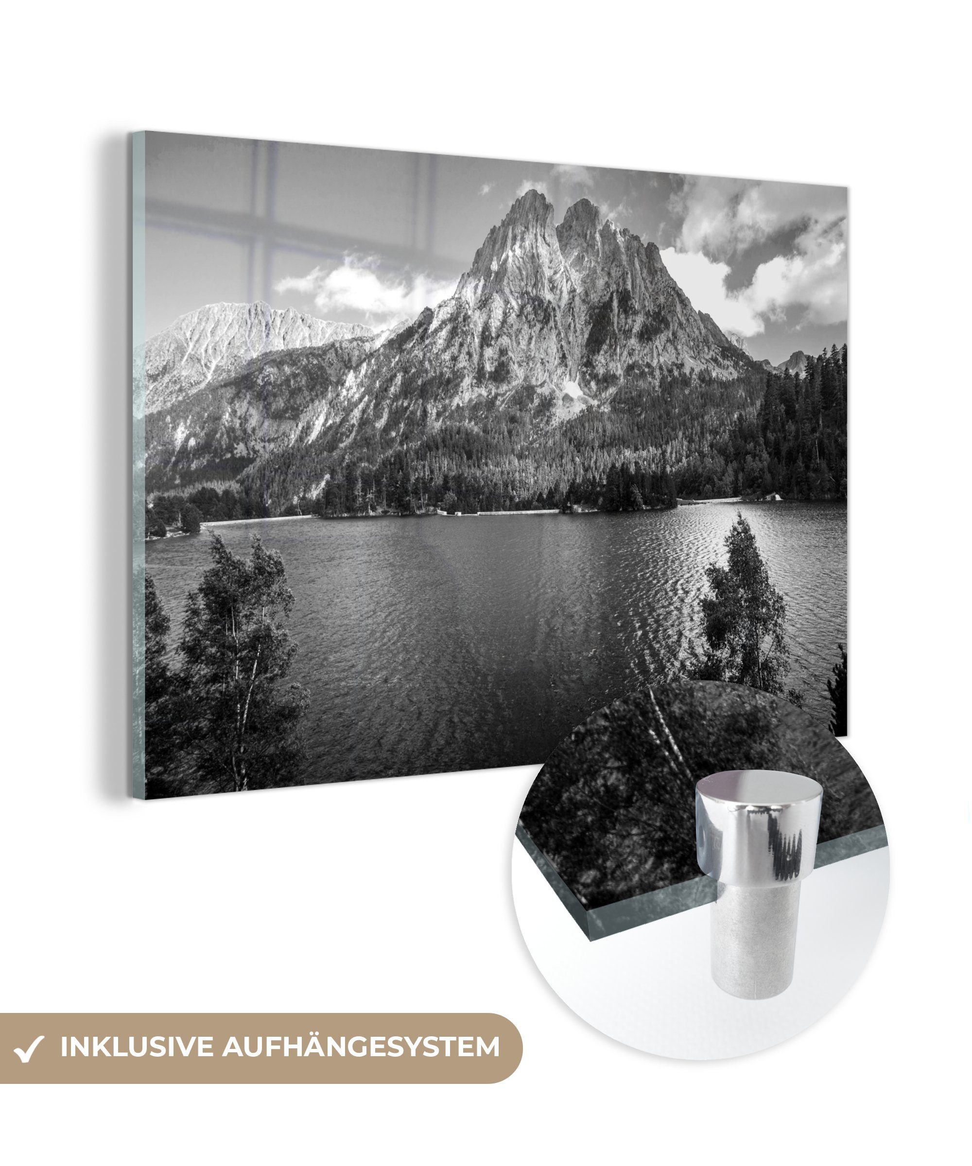 (1 und in MuchoWow großer Ein Acrylglasbilder im & - Europa St), weiß, Schlafzimmer Pyrenäen-Nationalpark Wohnzimmer Acrylglasbild schwarz See