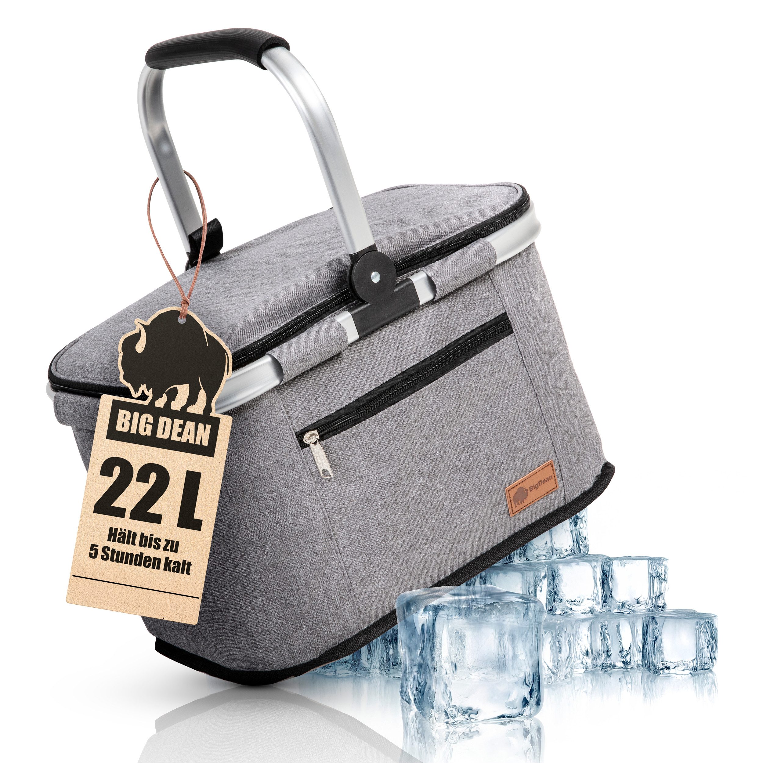 BigDean Thermobehälter Kühlkorb 22L bis zu 5 Stunden kühl - Einkaufskorb Thermo faltbar, Aluminium. Oxford Gewe, (Packung, 1-tlg., Einkaufskorb), bis zu 30kg belastbar