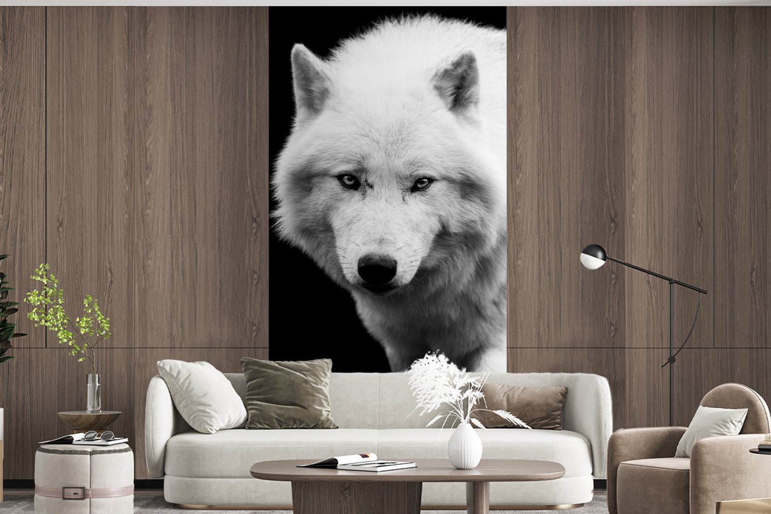 Weiß, Küche, Schlafzimmer Vliestapete Schwarz bedruckt, St), Wolf Tier Fototapete - (2 - Wohnzimmer - für Matt, MuchoWow Fototapete