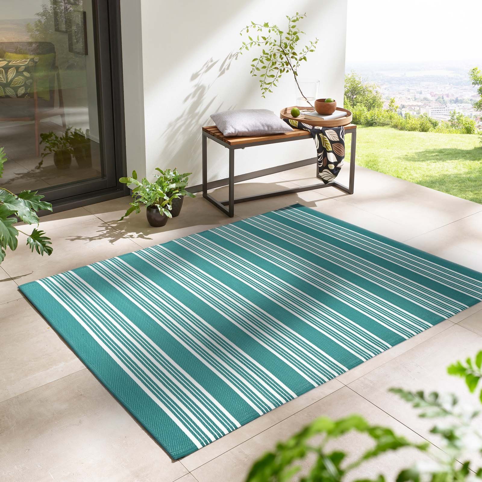 Teppich TaraCarpet Outdoor Teppich Santa Monica wetterfest, TaraCarpet, rechteckig, Höhe: 3 mm, Kurzflor petrol gestreift Balkon Garten Terrasse Camping 080x150 cm