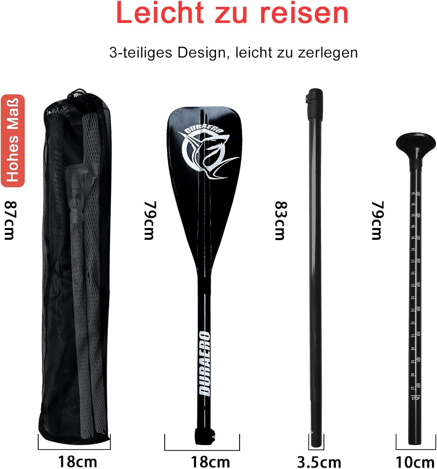 DURAERO SUP Paddel, 3-teiliges verstellbares Zerlegbar Carbon 165cm-215cm Handpaddel