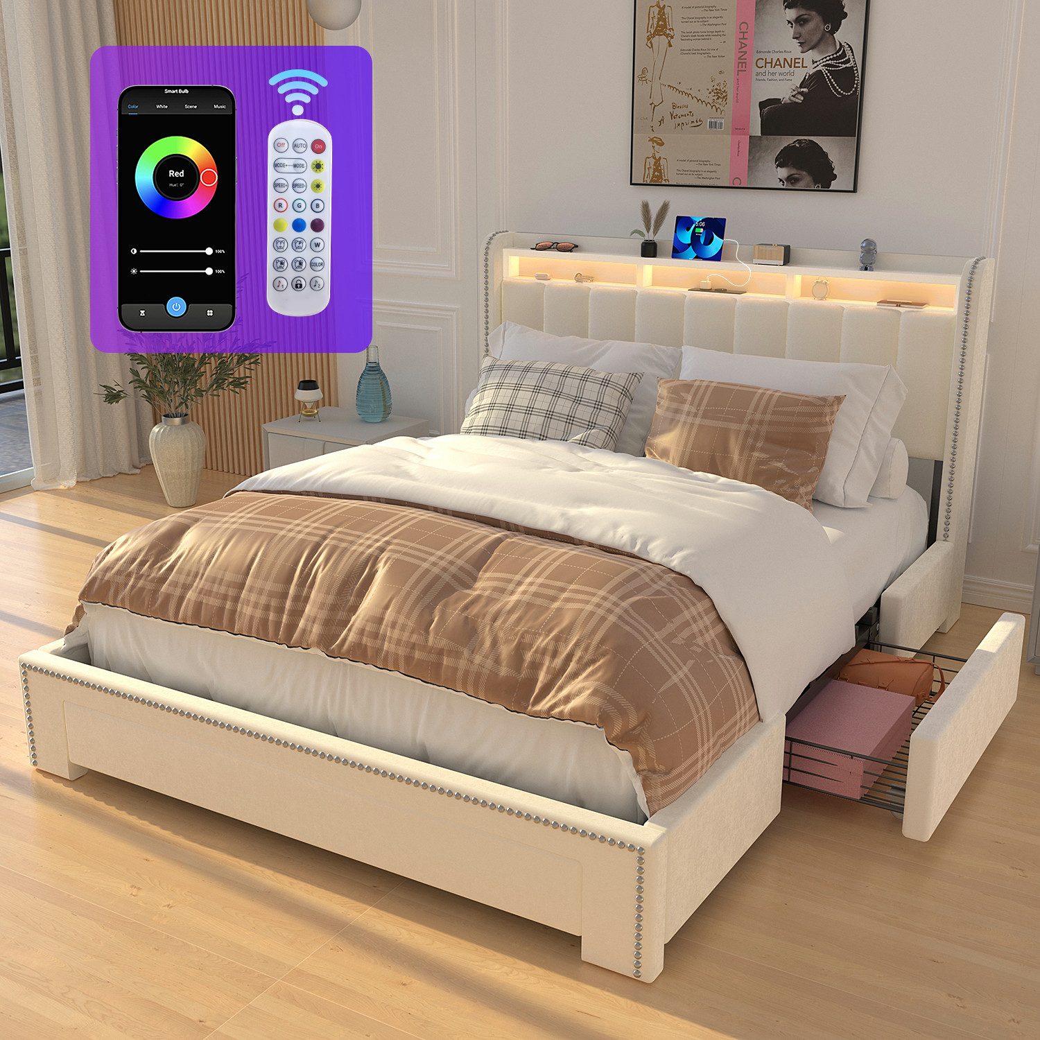 oyajia Polsterbett LED-Beleuchtung Doppelbett 140x200cm mit Ladefunktion un günstig online kaufen