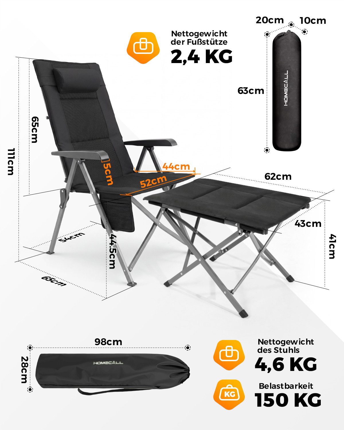 HOMECALL Klappstuhl Campingstuhl Faltbar 3D-Mesh + 600D Oxford Gartenstuhl Hohe Lehne – Bild 2 von 5