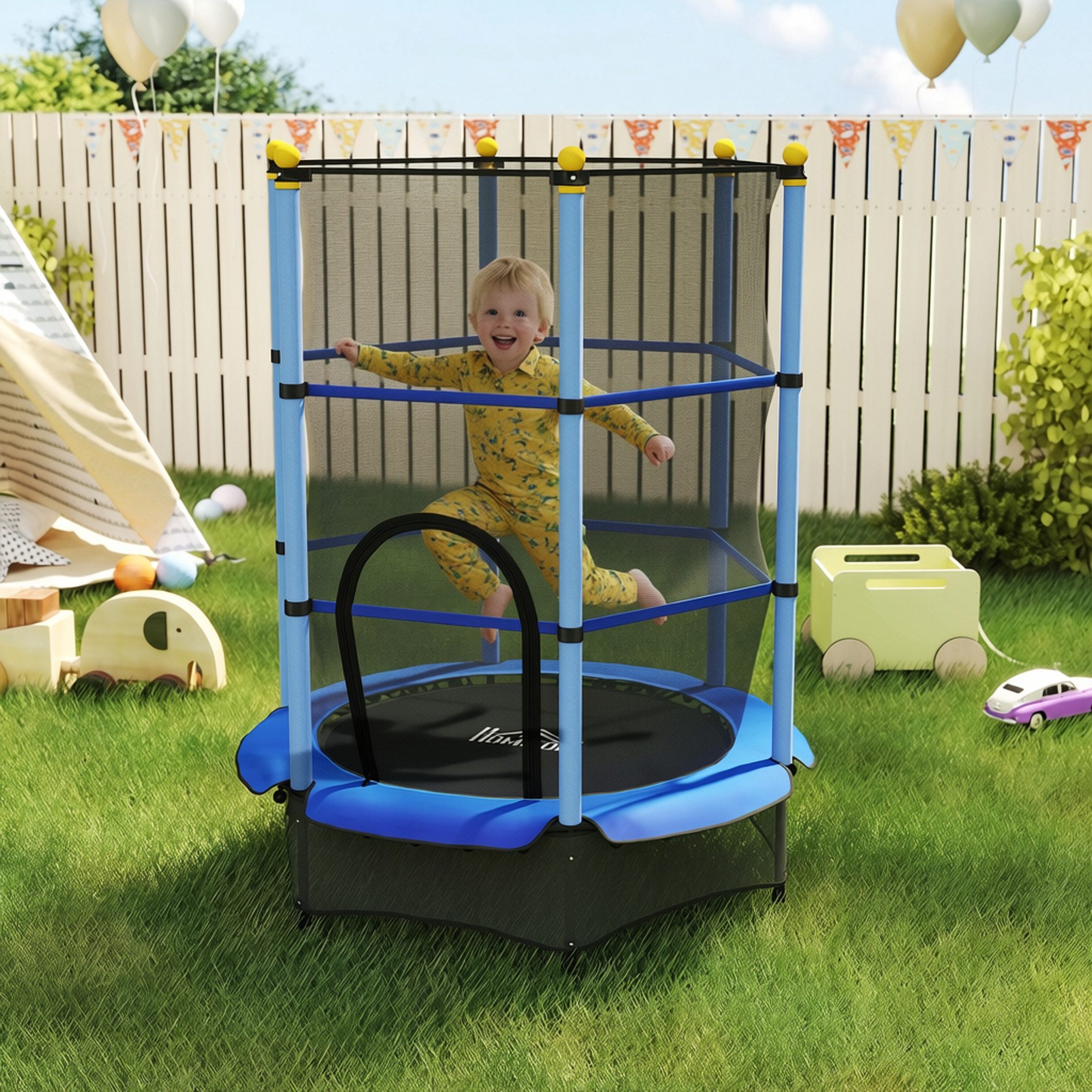 HOMCOM Kindertrampolin Trampolin Outdoor mit Sicherheitsnetz, Randabdeckung, Ø 140 cm, (Indoor Trampolin, 1 tlg., Trampolin), für Kinder 3-10 Jahre, bis 50 kg belastbar, Blau