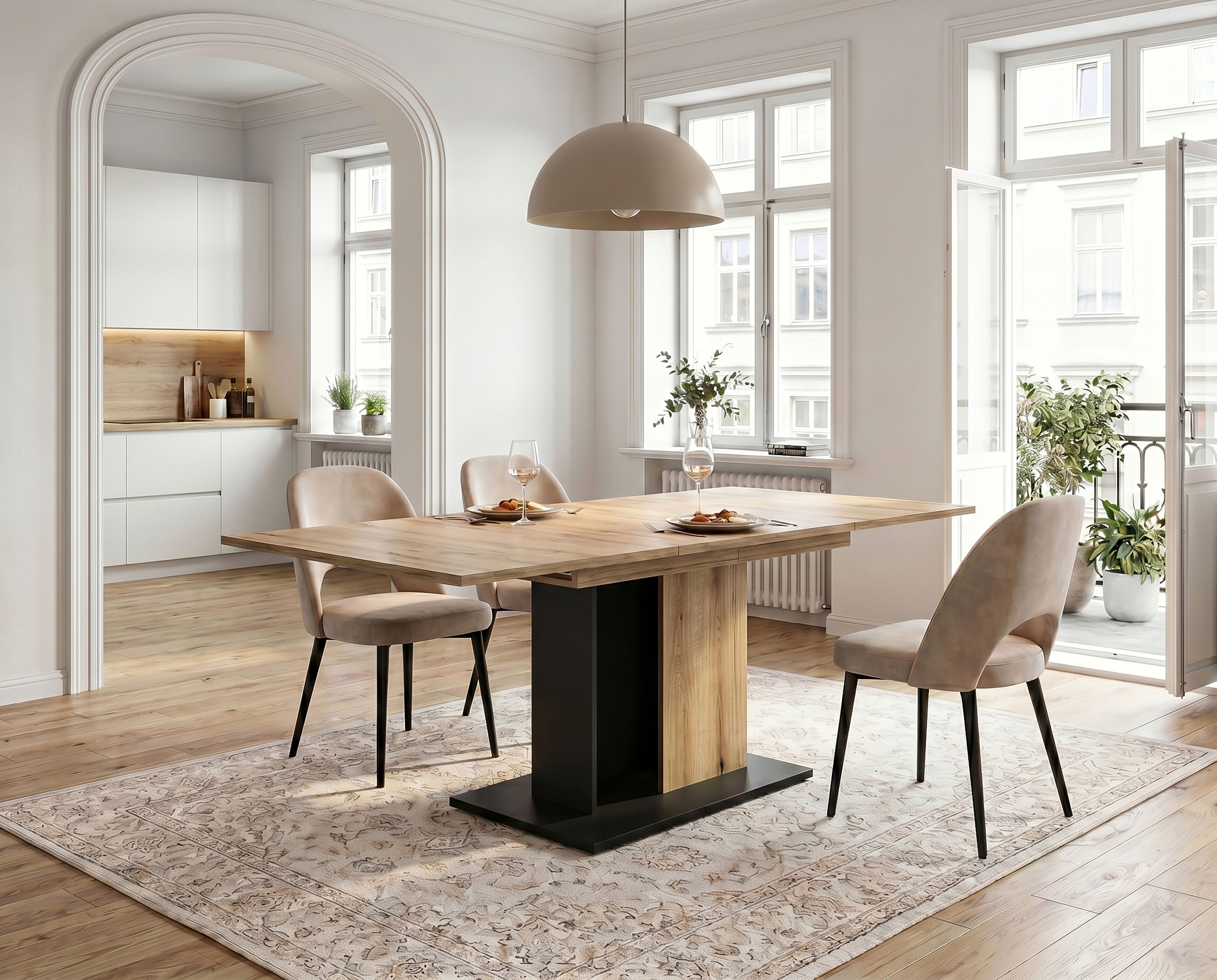 OTTO home Esstisch MONOLITH, ausziehbar 150 -230 cm, inklusive 2x 40 cm Einlegeplatte (individuell einsetzbar, in moderner Farbausführung), Doppelsäulen-Gestell mit Bodenplatte, Tisch, Küchentisch, Esszimmer
