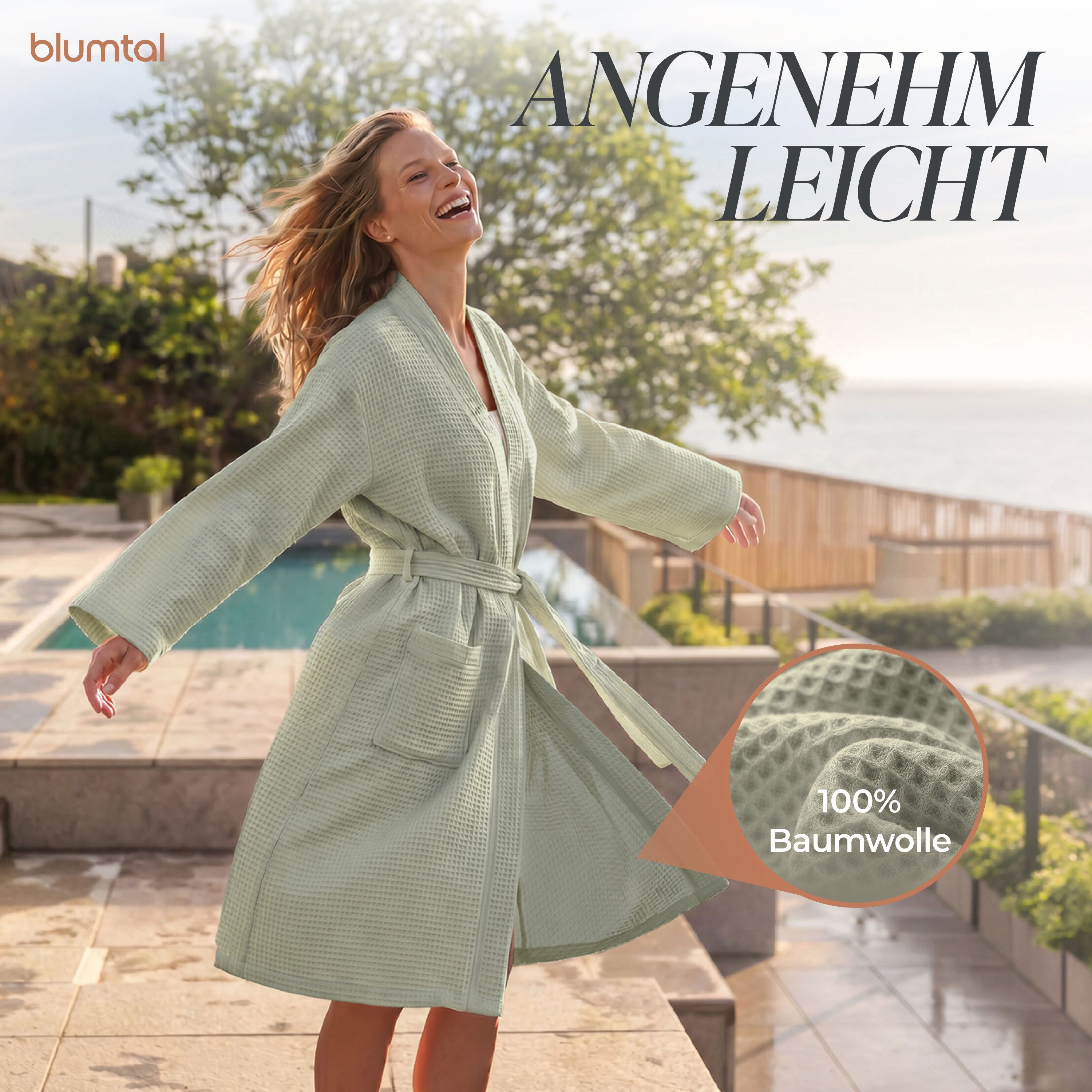 Blumtal Bademantel Waffelpique - Unisex Bademantel - Zertifizierter Bademantel, 2 Außentaschen, mit Reißverschlusstasche, Damen & Herren - Saunamantel inkl. Rei – Bild 2 von 5