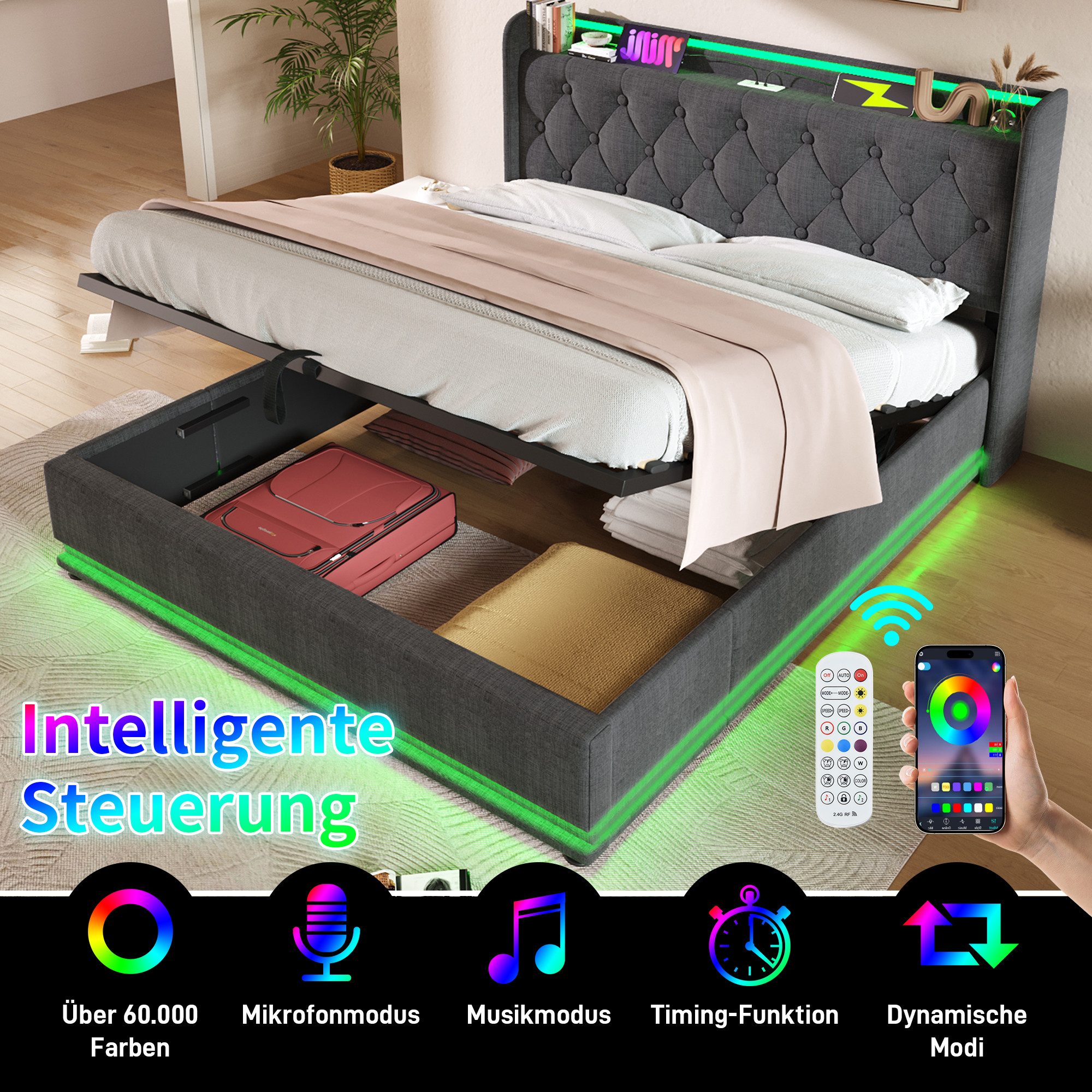 HAUSS SPOLE Polsterbett 180x200cm mit LED-Beleuchtung, günstig online kaufen