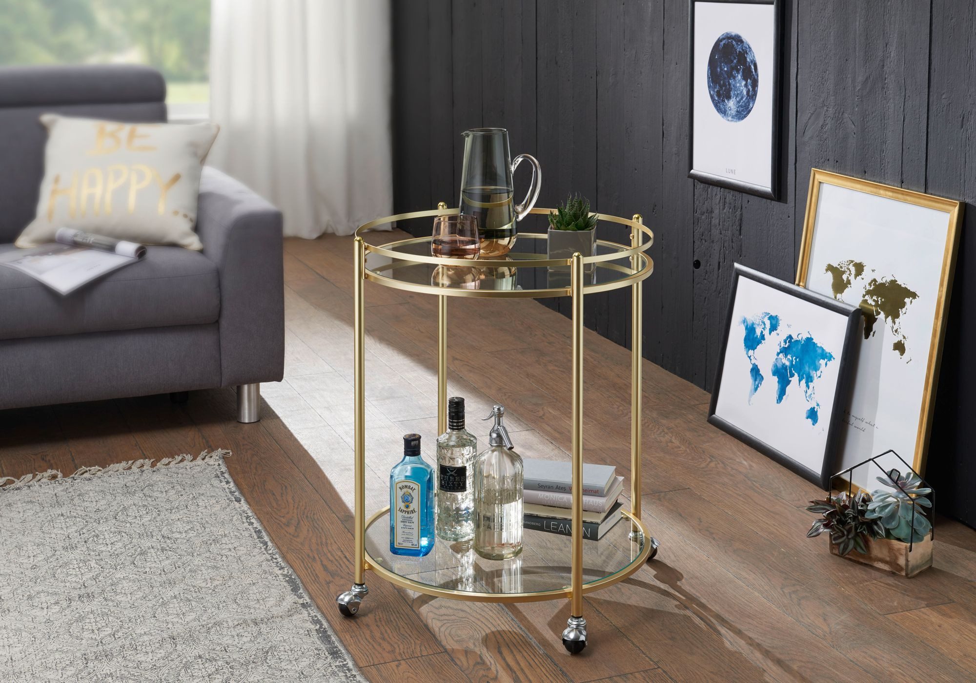 FINEBUY Servierwagen Gold Ø 57cm Beistelltisch Teewagen Rollen Küchenwagen günstig online kaufen