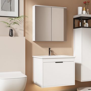 IDEASY Badmöbel-Set Badezimmer,Waschbeckenunterschrank hängend 60cm breit, (mit Keramikwaschbecken,Spiegelschrank,weiß), Langsame Schließfunktion, Reines Weiß mit schwarzer Hardware