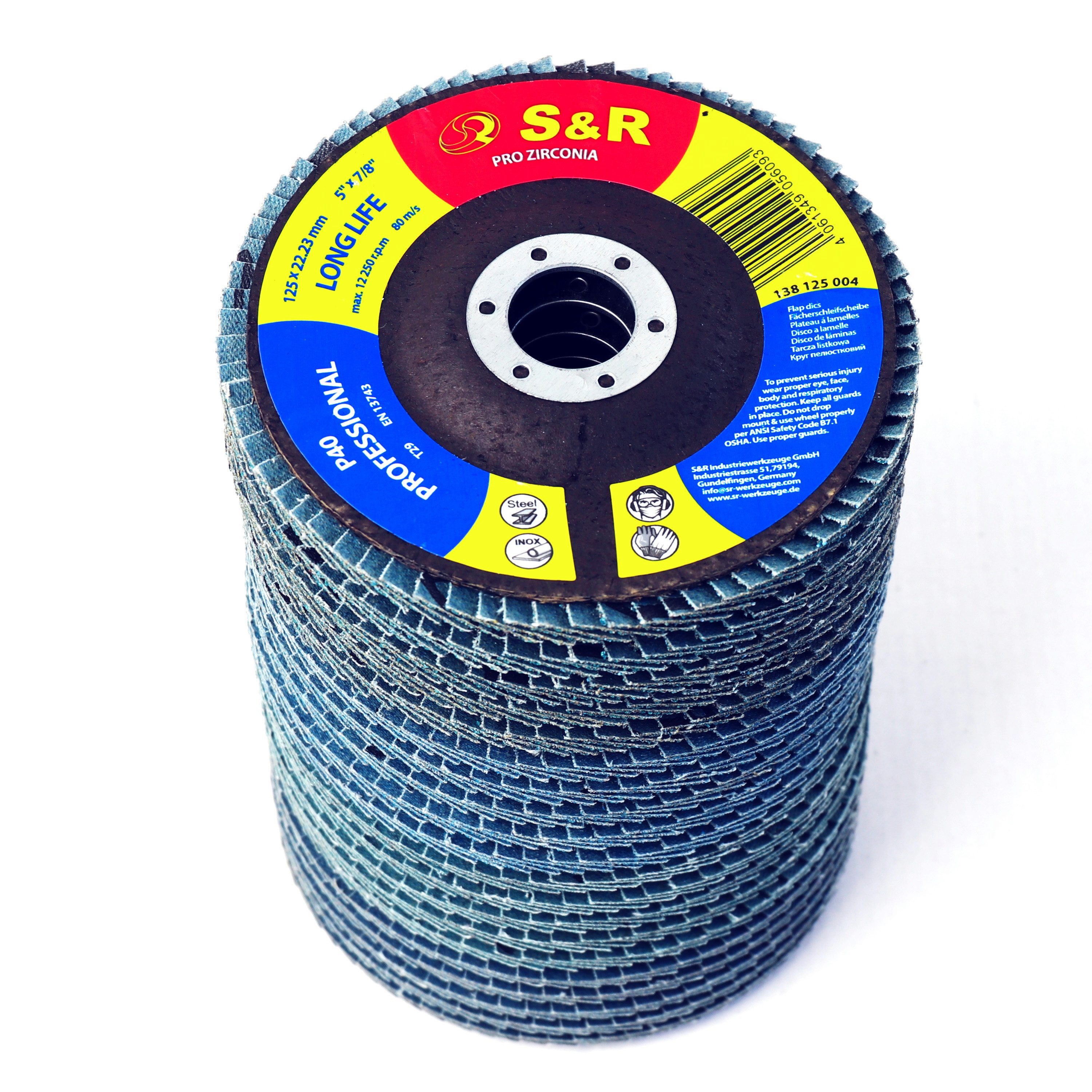 S&R Schleifscheibe Fächerschleifscheiben Set 20 St., 125 x 22,23 mm, Profi Qualität, (Set, 20 St., je 5x P40 / P60 / P80 / P120), Lamellenschleifer Satz für Stahl, Edelstahl