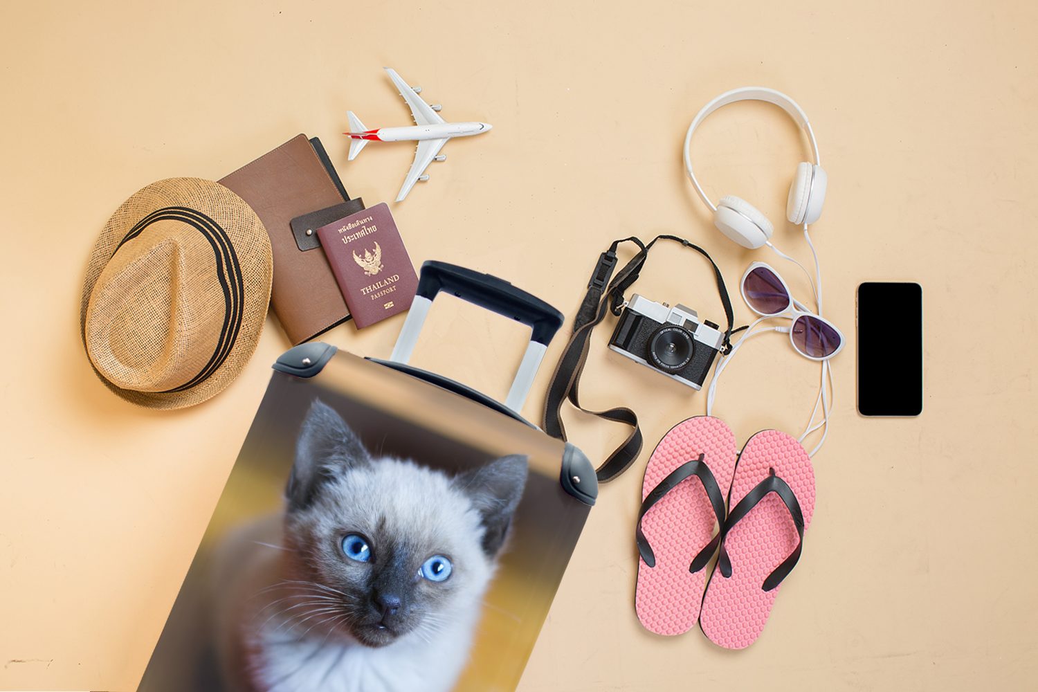 Rollen, Reisetasche Blaue Handgepäckkoffer für rollen, 4 Handgepäck MuchoWow mit Trolley, Augen einer Reisekoffer Siamkatze, Ferien,