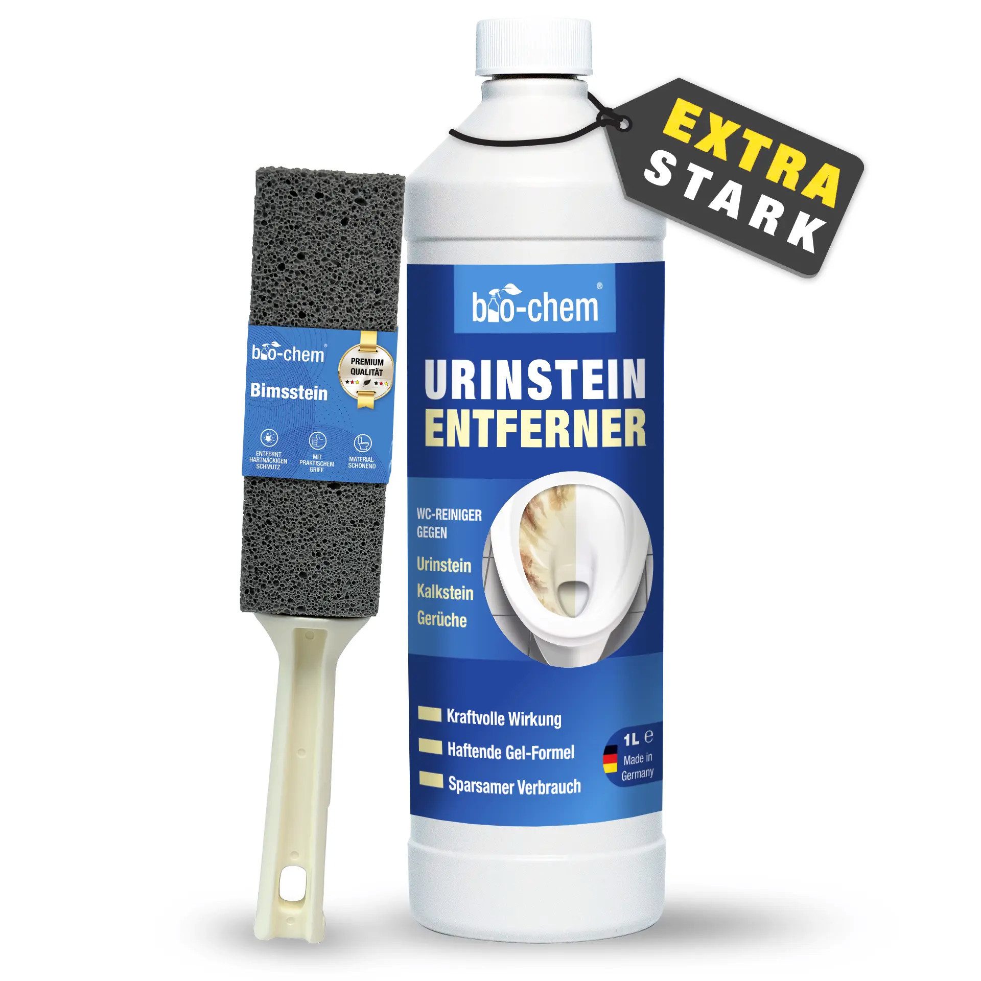 bio-chem bio-chem Urinsteinentferner EXTRA STARK 1000 ML inkl. Bimsstein WC-Reiniger (Sparpaket, [- Urinsteinentferner 1 L + Schrägdüse + Bimsstein Profi WC-Reiniger für hartnäckigste Ablagerungen & Urinstein)