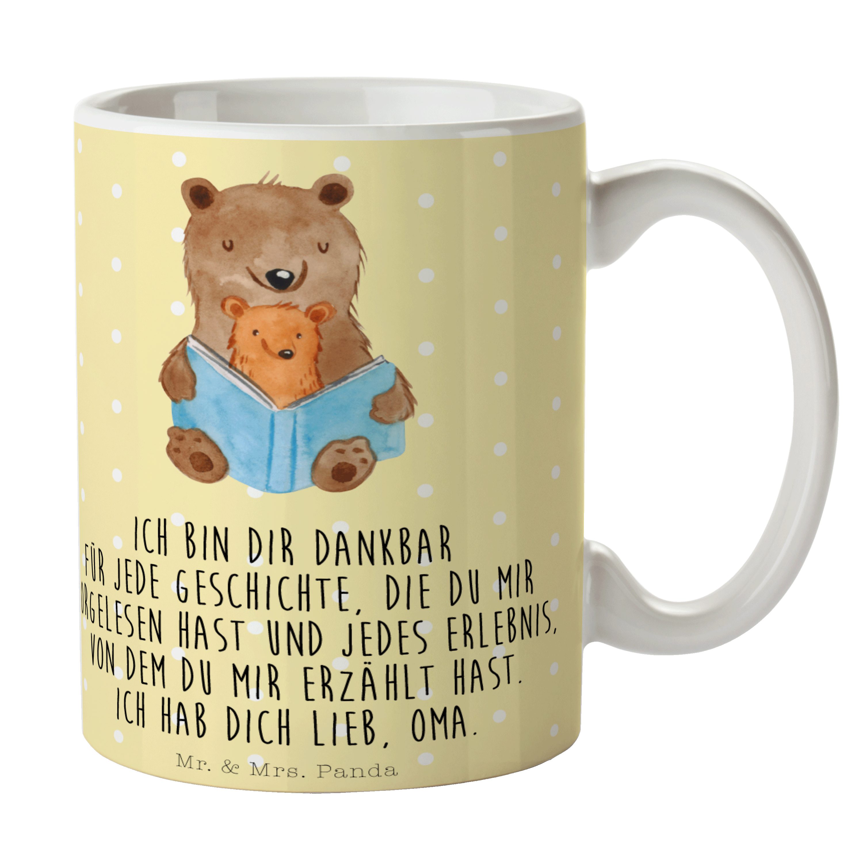 Mr. & Mrs. Panda Tasse Bären Buch, Tasse, Gelb Pastell, Kaffeetasse, Buch, Omi, Vorlesen, Ka, Keramik, Keramikbecher kaffeebecher keramik Großmutter