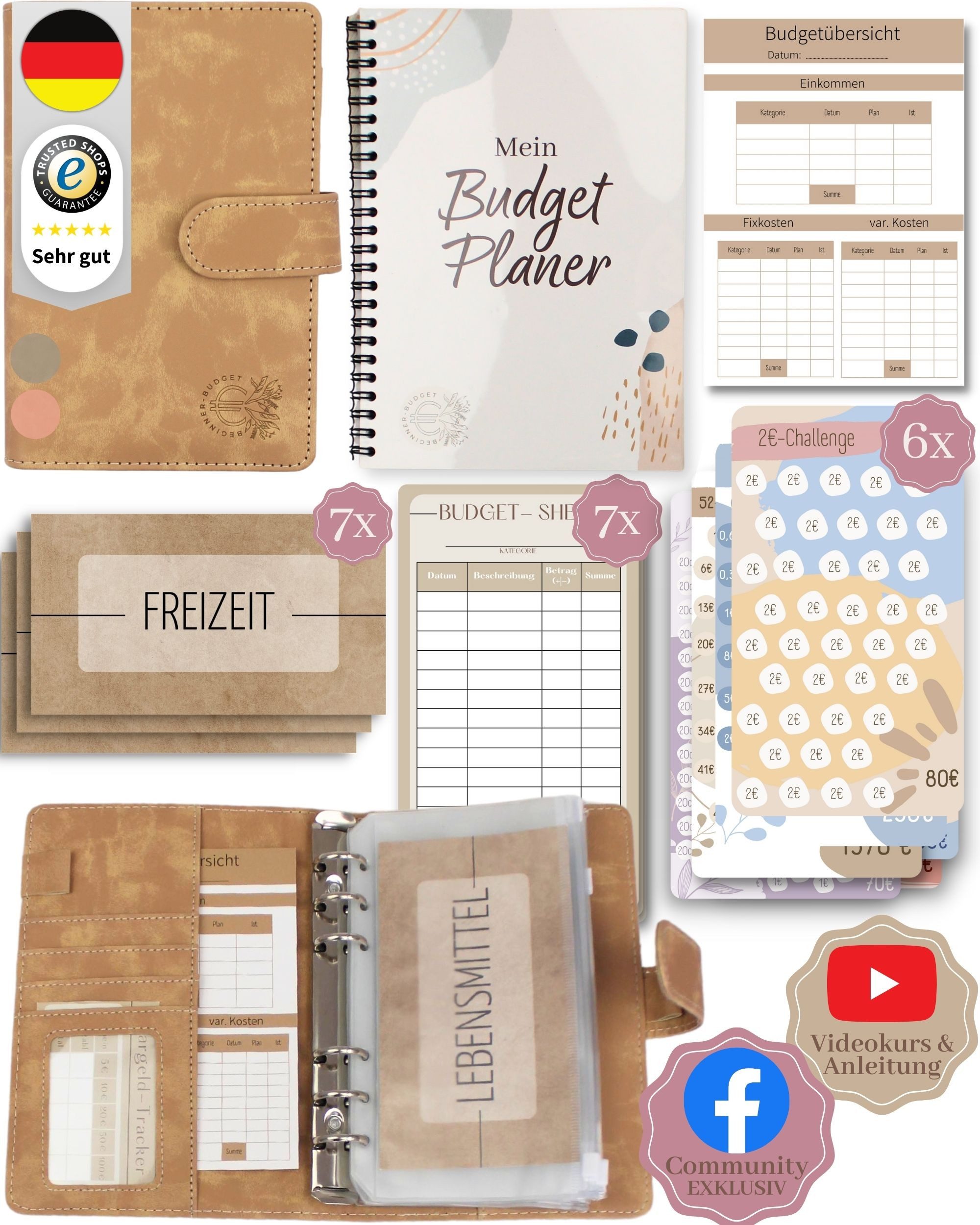 BeginnerBudget Ringbuchkalender Budget Planner & Haushaltsbuch Starter-Set: Sparbuch & Spar-Challenges, Sparen mit Umschlagmethode + Anleitung - Ringbuch - Binder A6