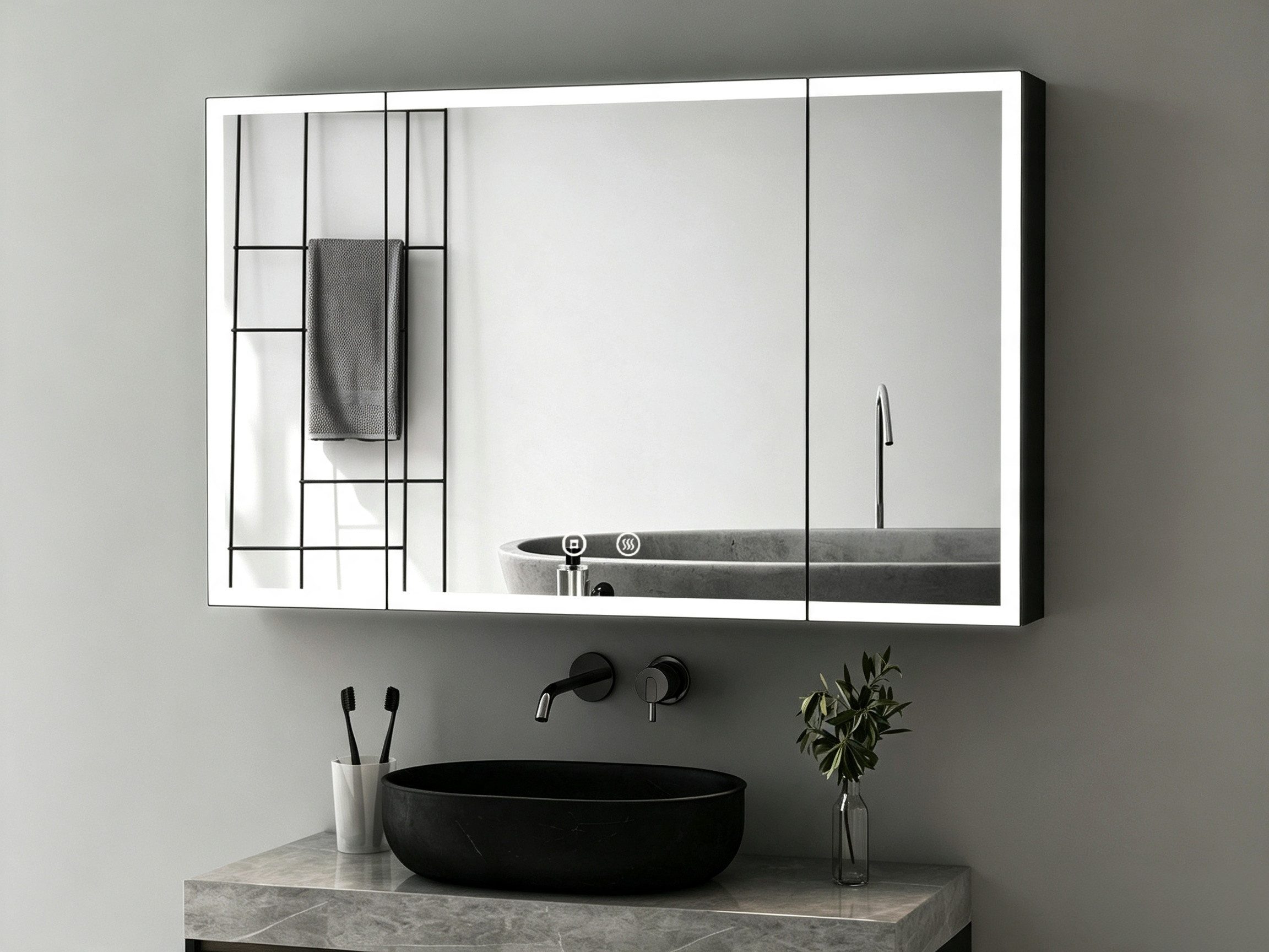 WDWRITTI Spiegelschrank Alu 3-türig 100x60 90x60cm Badezimmerspiegelschrank Schwarz 3Lichtmodi (Badschrank Schwarz matt Anti-Fog Dimmbar, Alu-Schranktür, Stahl Schrank-Korpus, Doppel Spiegel, Speicherfunktion) mit Netzadapter, vormontiert geliefert,2 Installation