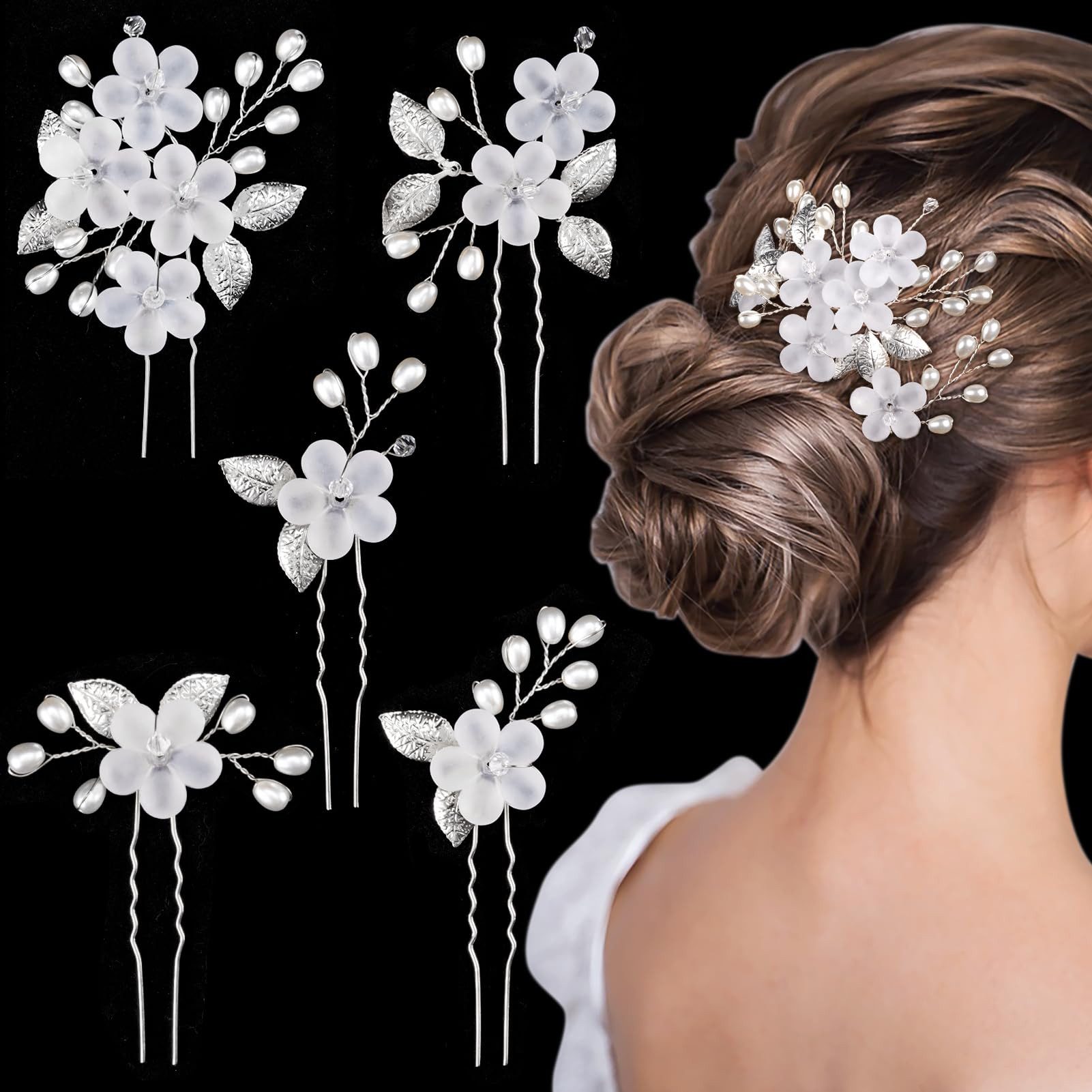 Zaewry Haarspange 5 Stück Hochzeit Haarnadeln, Blumen Perlen Braut Haarschmuck, 5-tlg., Brautschmuck Haare U-förmig Hochzeit Haarspangen