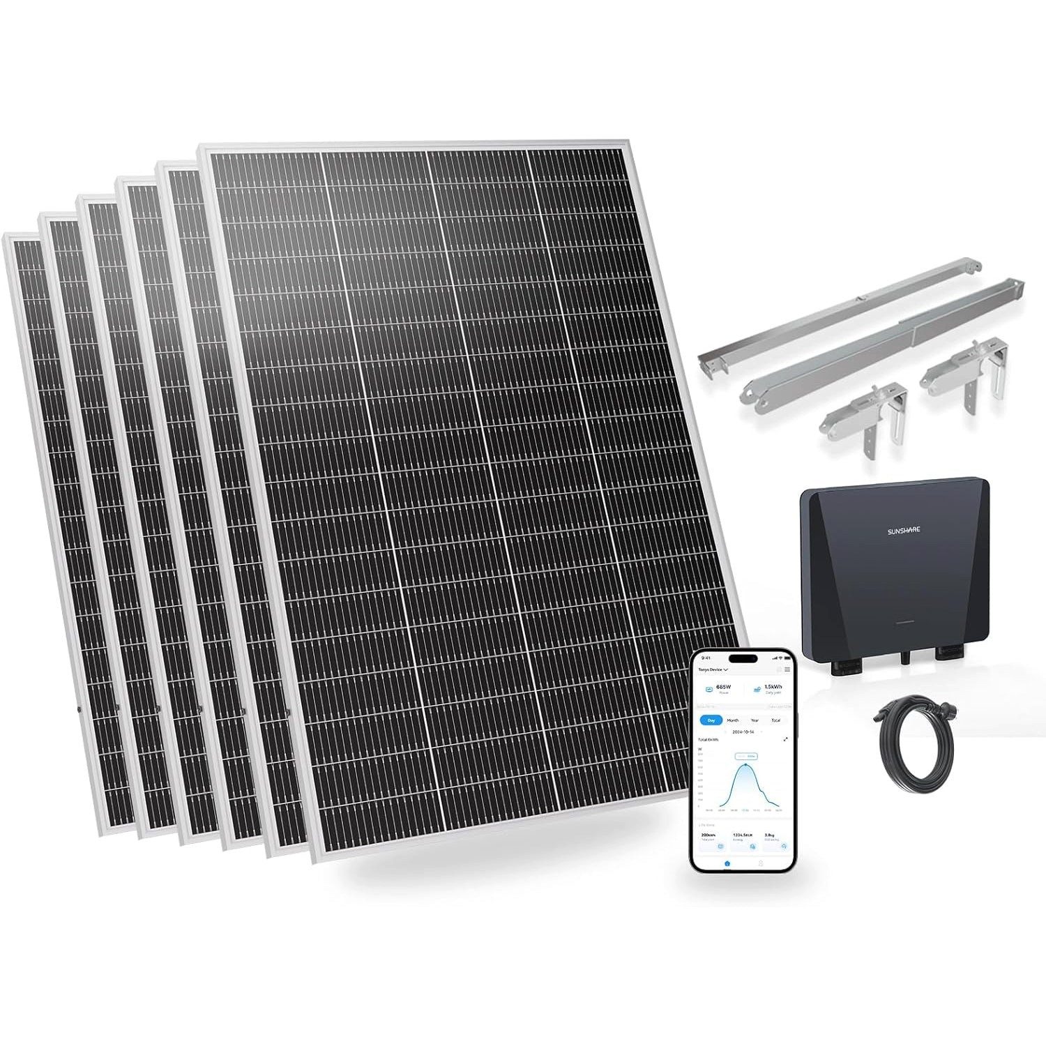 Sunshare Balkonkraftwerk Ray Lite Balkonkraftwerk 1200 W mit Halterung – 6×200 W, Plug-&-Play, 200 W, Monokristallin N‑Typ TOPCon, (Balkonkraftwerk, 1200 W Balkonkraftwerk mit Mikro‑WR, WLAN und Halterungen), Effizient, schwachlichtstark, kompakt – maximale Systemleistung 1200 W