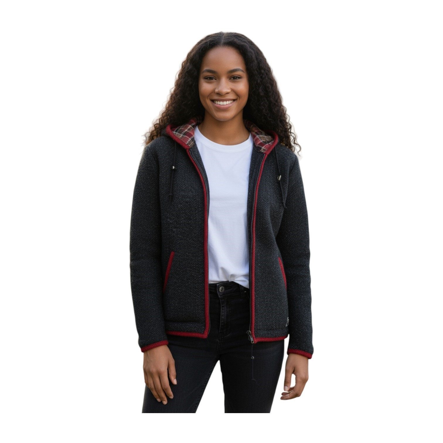 THC Natural Line Strickjacke THC Strickjacke 839 Baumwollfutter schwarz rot (1 Stück, 1-tlg., 1 Stück) Strickjacke mit abnehmbarer Kapuze
