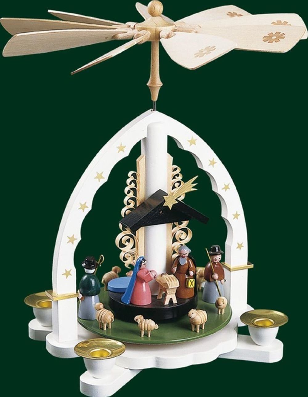 Richard Glaesser Weihnachtspyramide Tischpyramide Heilige Familie weiß, Höhe 27 cm, Handwerkskunst original Erzgebirge