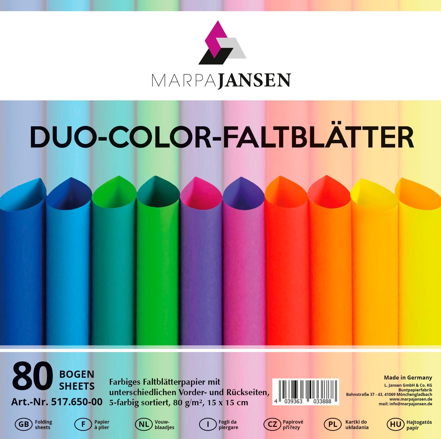 MarpaJansen Kraftpapier x 15 Rainbow Color Faltblätter Blatt 15 Colors, cm Duo 80 cm