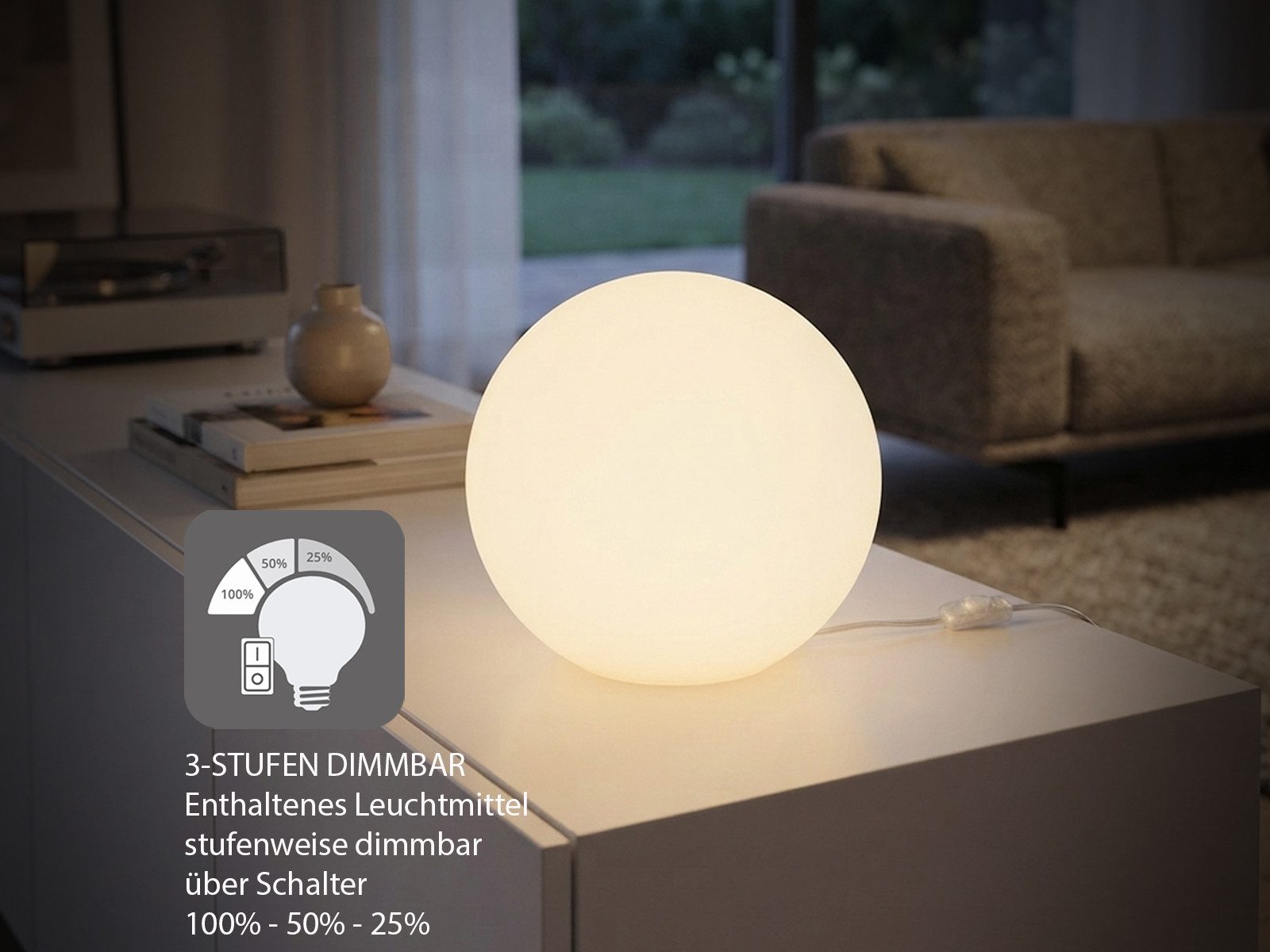 Reality Leuchten LED Tischleuchte Kugel-Lampe Ø 20cm inkl. E27 LED, dimmbar, LED wechselbar, warmweiß, kleine Glaskugel Nacht-Tischlampe, Lampenschirm Opal-Glas – Bild 3 von 5
