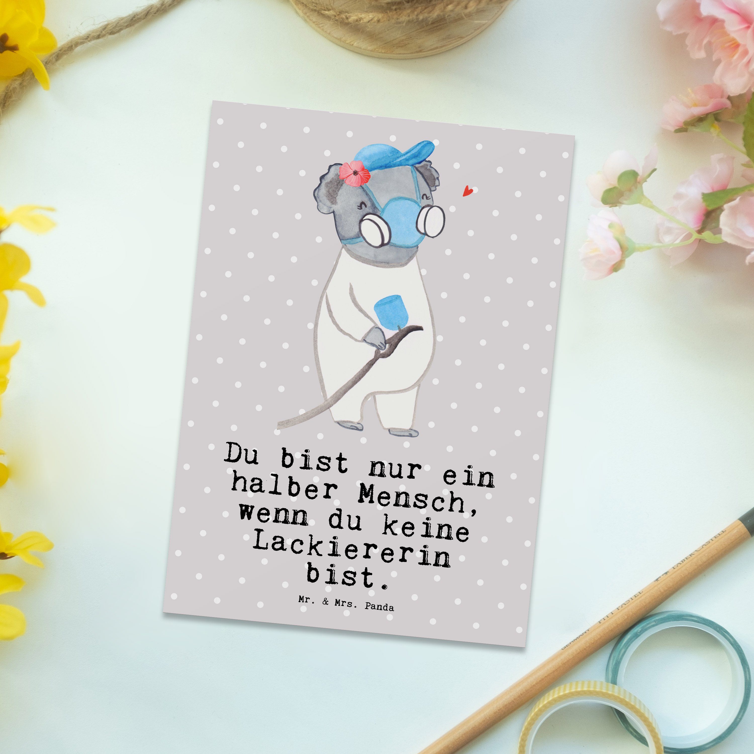 Mr. & Herz Auto Lackiererin Geschenk, Einladungskarte, Grau - Panda Mrs. - Postkarte Pastell mit