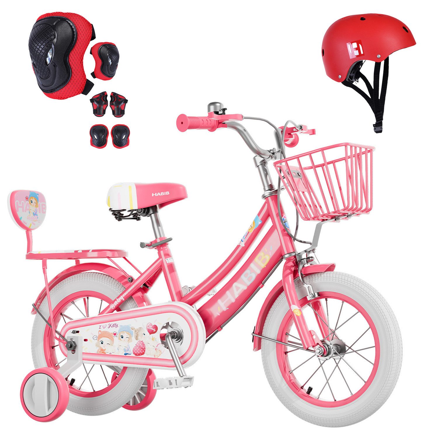 Habib Gruppe Kinderfahrrad Mädchenfahrrad mit Puppensitz 12 14 16 Zoll – Helm, Schutzset & Pumpe, Kinderfahrrad Mädchen ab 3 Jahre mit Puppensitz und Helm