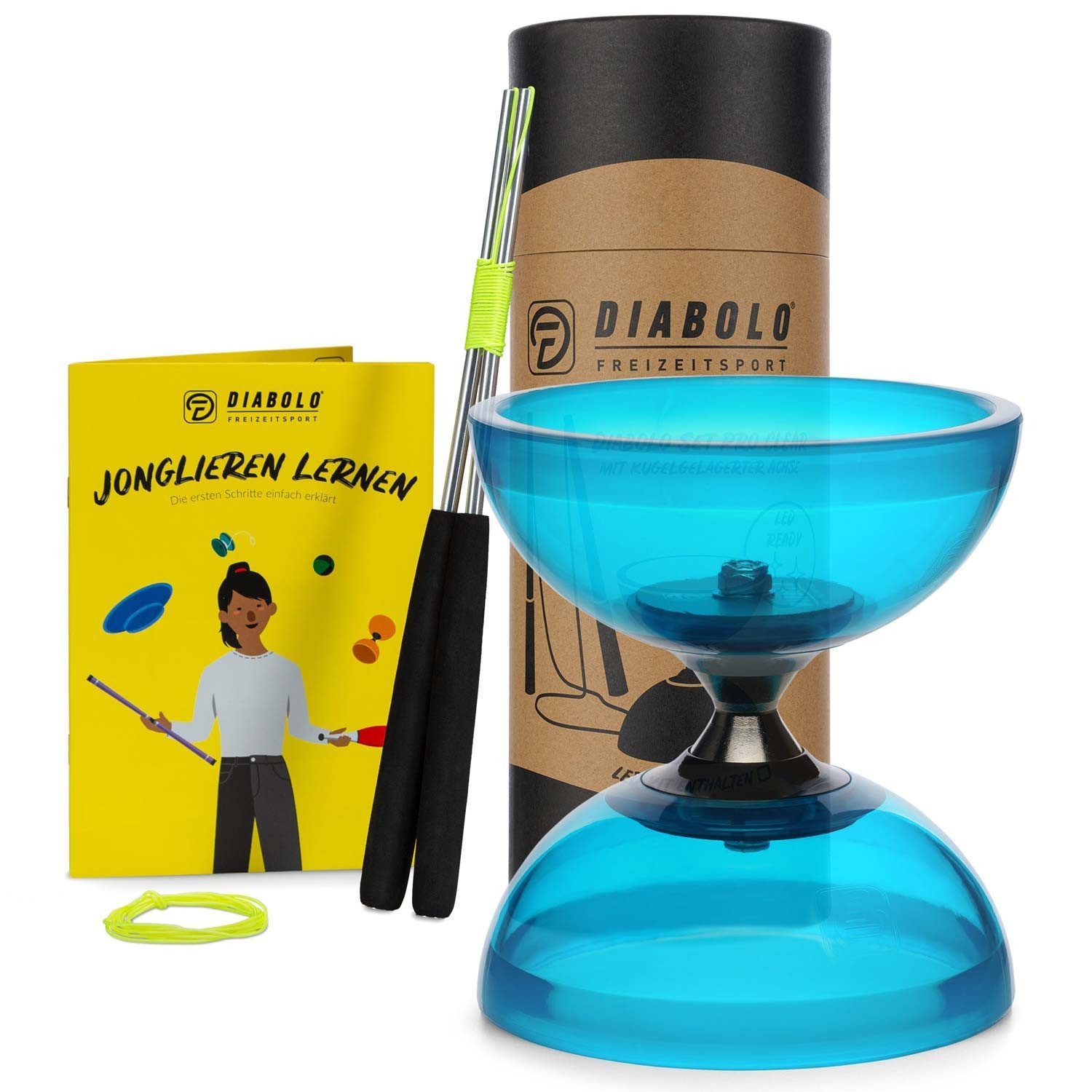 Diabolo Freizeitsport Diabolo Set Pro Clear UV - inkl. Alu-Handstäben, Ersatzschnur, Anleitung, (1-tlg), Diabolo (türkis) mit Freilauf & transparenten Halbschalen ab 5 Jahren
