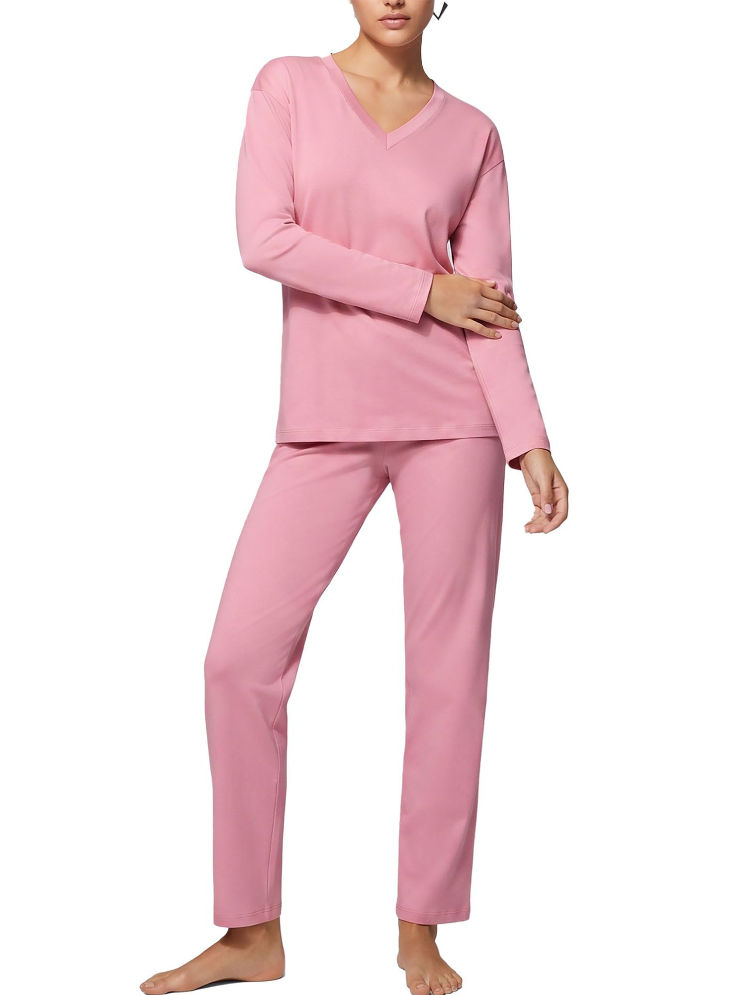 Ammann Pyjama Damen Pyjama Lang Women Nightwear (Packung, 1 tlg) hoher Modal-Anteil, Classic Uni, V-Ausschnitt, Langarm