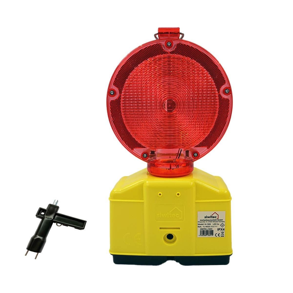 siwitec Baustrahler Baustellenleuchte rot/transparent, LED Warnleuchte mit Dämmerungssenso, Blink- und Dauerlichtfunktion