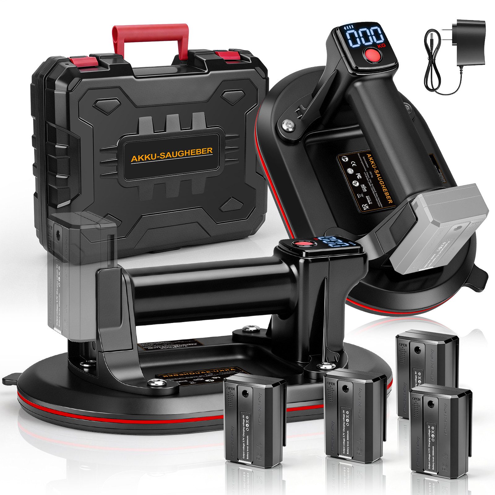 XERSEK Saugheber 2er-Set Elektro Vakuumheber mit 4x3,0Ah Akkus, Fliesenheber Glassauger, max. 260 kg Traglast, -], Automatische Nachsaugung, 23.8cm NBR-Kautschukauflage, Flexibel f. Glasplatten Fliesen Autoscheiben Granit MDF Sperrholz usw.