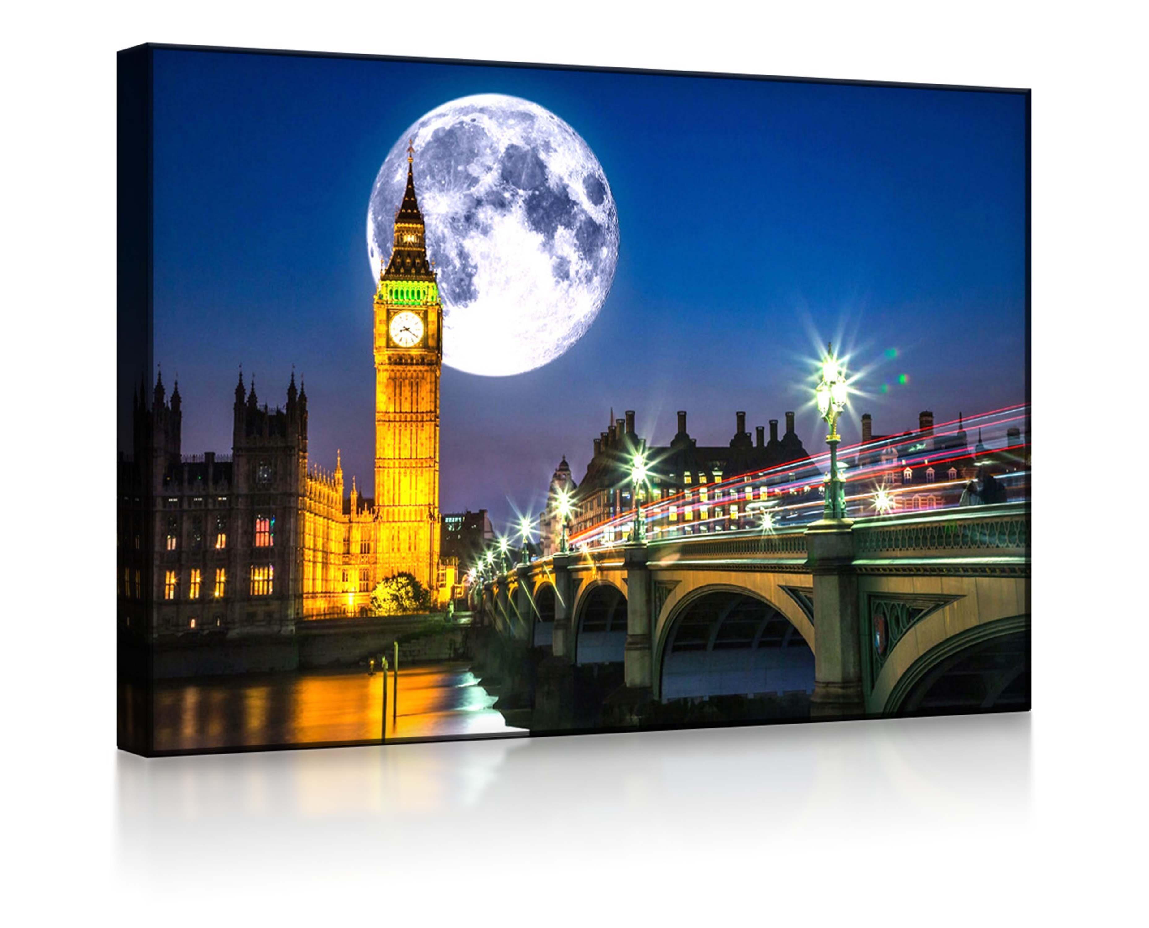 lightbox-multicolor LED-Bild Big Ben vor großen Mond in London front lighted / 60x40cm, Leuchtbild mit Fernbedienung