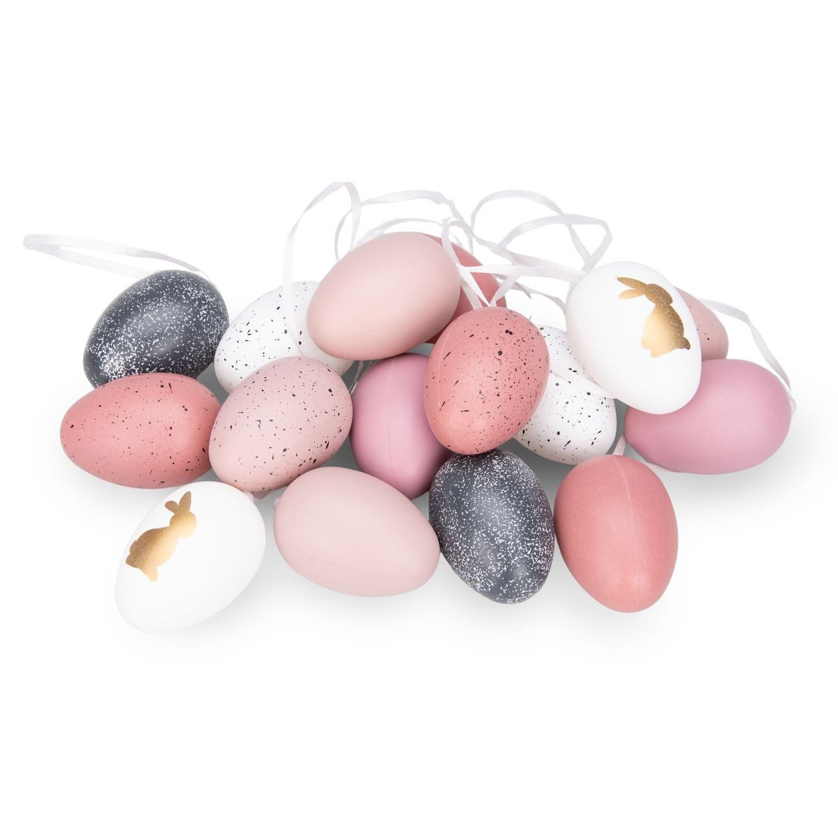 NaDeco Bastelnaturmaterial 16x Ostereier zum Aufhängen Rosa-Weiß-Schwarz mit Muster
