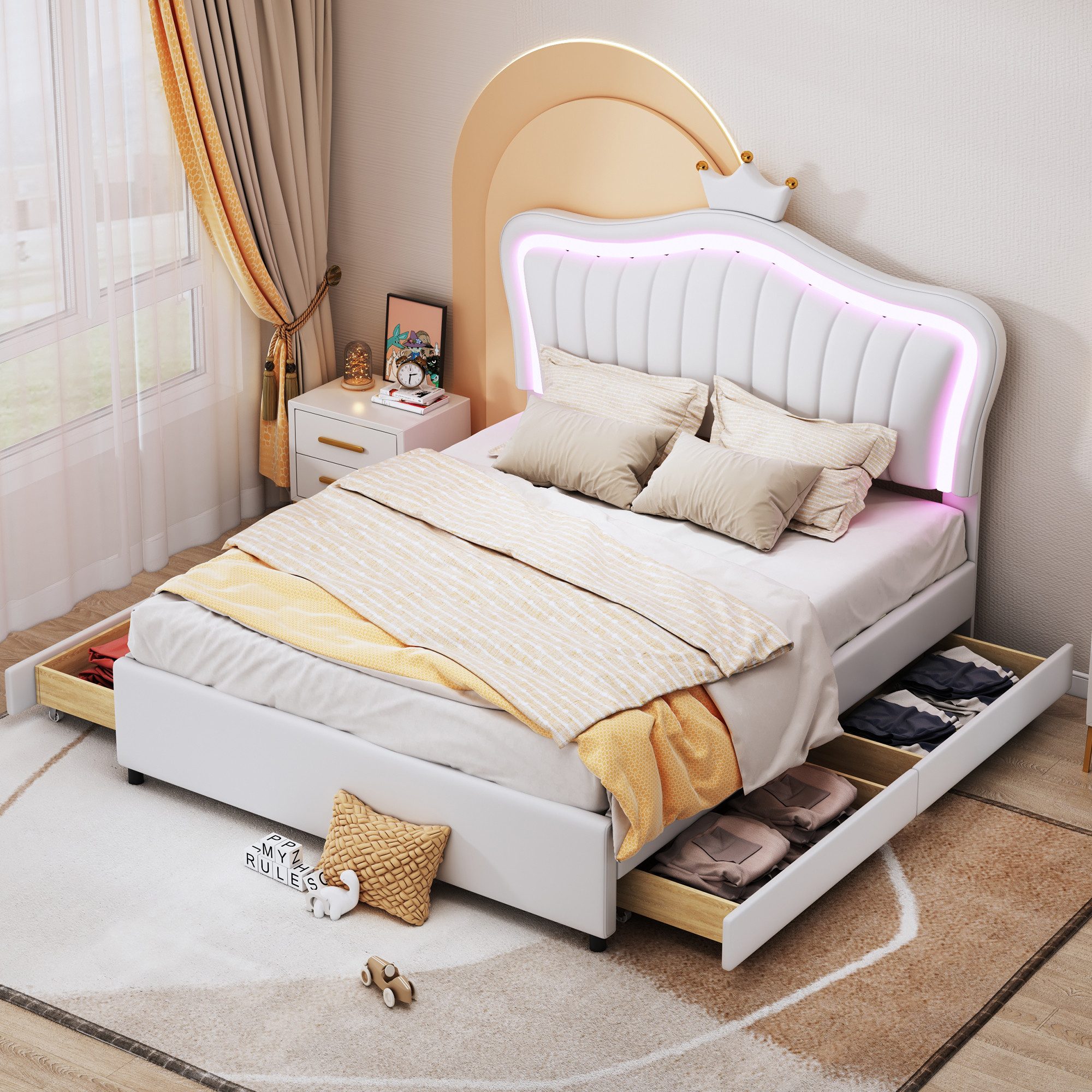 REDOM Polsterbett Bett Kinderbett Polsterbet Gästebett (Kronen-Mädchen-Einzelbettgestell aus kunstleder mit Stauraumschubladen, LED-Leuchten, Lattenrost und Rückenlehne), Ohne Matratze