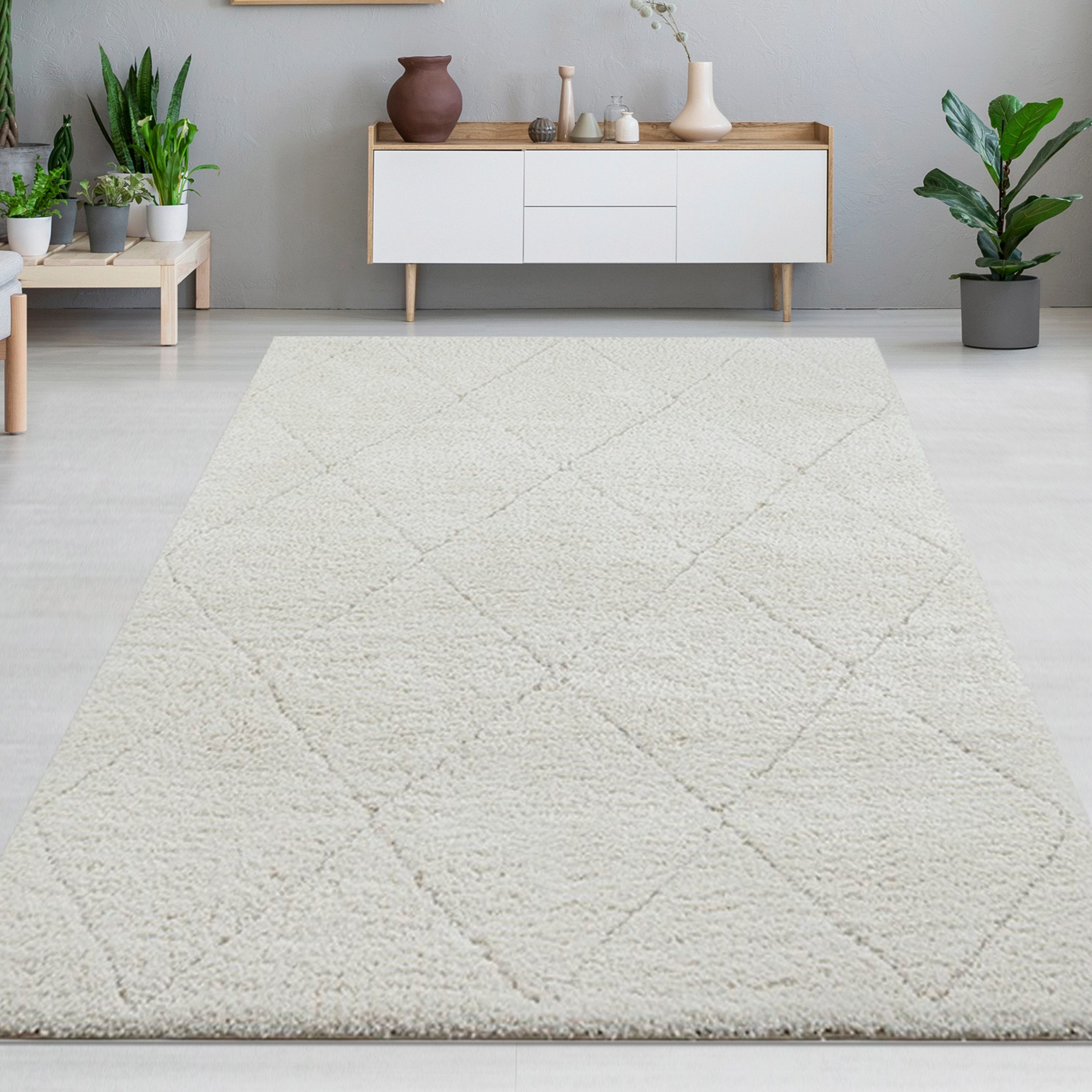 Carpetia Teppich Hochflor Teppich creme mit Rautenmuster weich modern, rechteckig