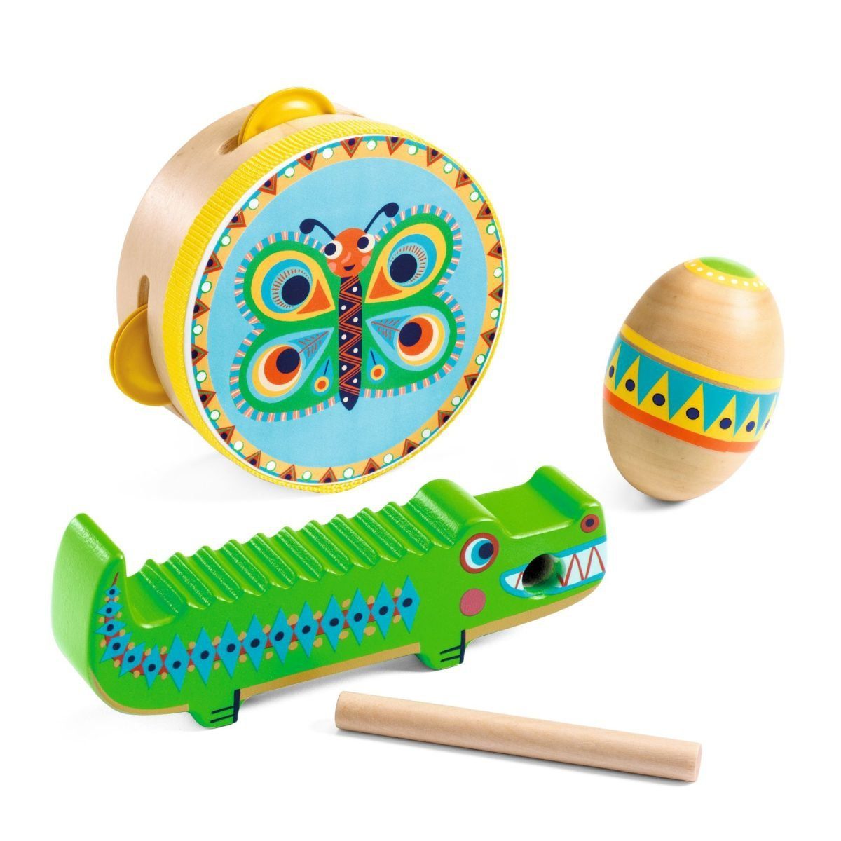 DJECO Spielzeug-Musikinstrument Animambo Schlaginstrumente: Tamburin, Maracas, Guiro