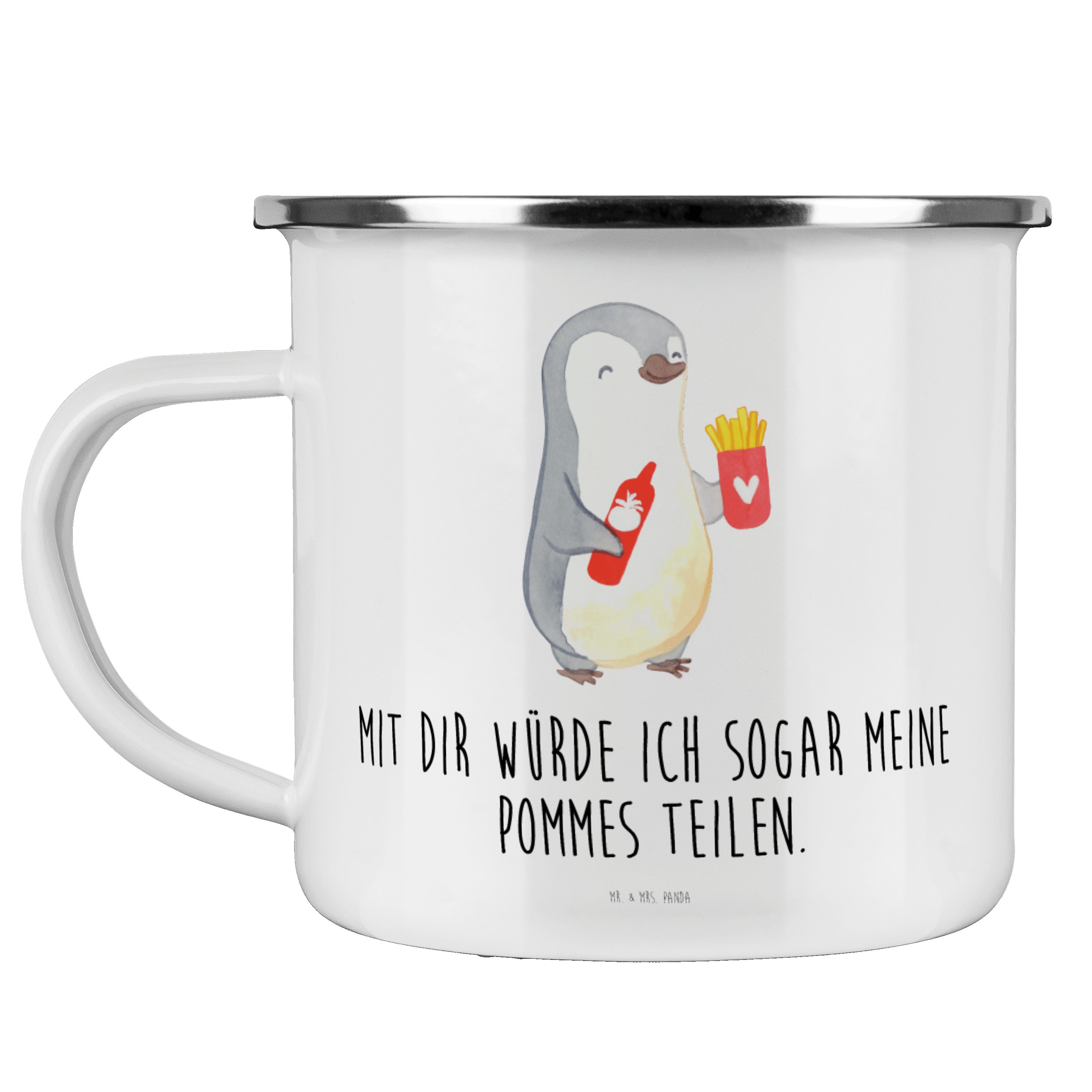 Mr. & Mrs. Panda Becher Pinguin Pommes - Weiß - Geschenk, Ehemann, Geschenk für Partner, Blec, Emaille