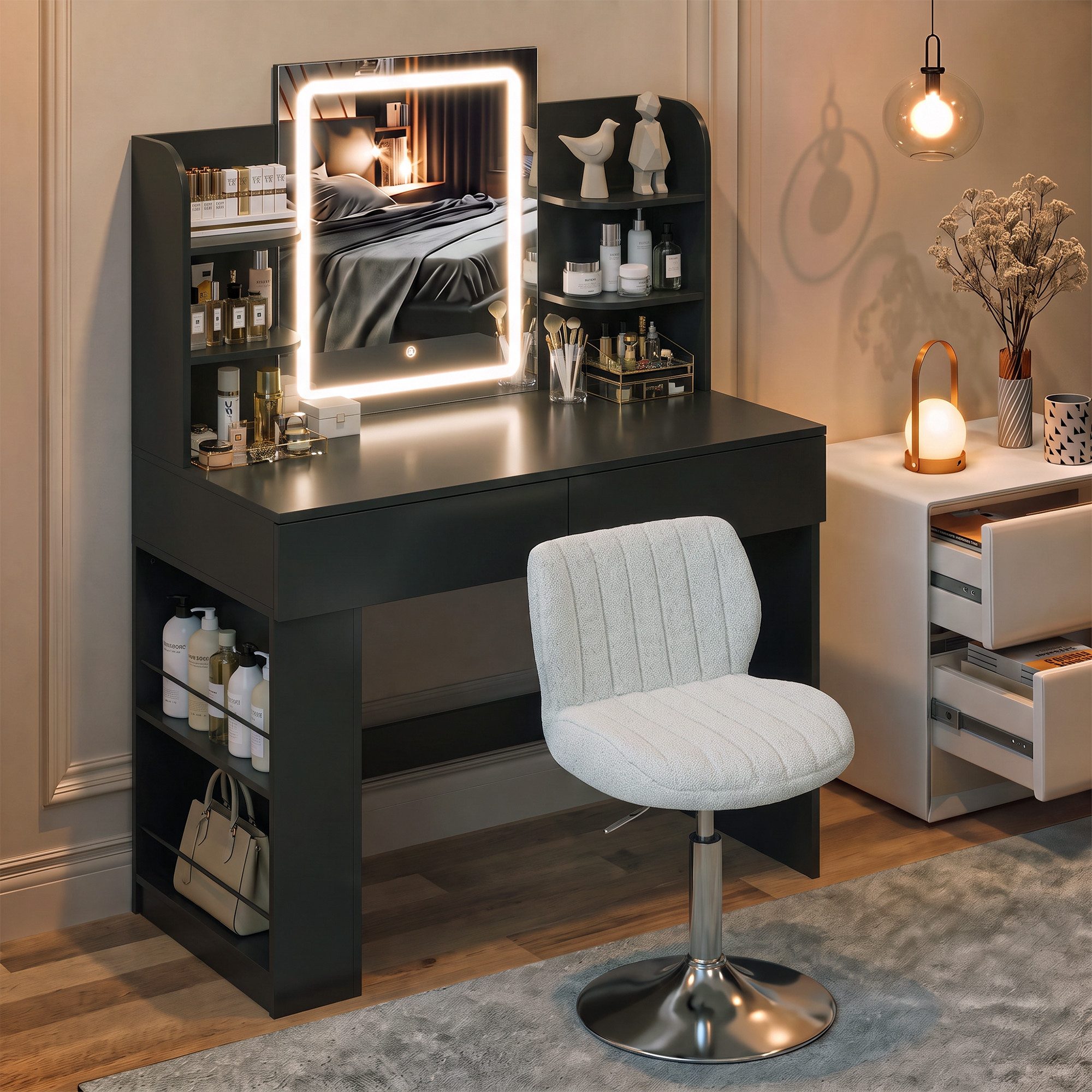 HOMALL Schminktisch mit Spiegel, LED-Beleuchtung, einstellbare Helligkeit, ostern (Langex Brete x Hthe) 90/110 x 40x 135 cm. B ofene Facher (2 seitiche Facher sind nach inks und rechts verschiebban. 2 groBe Schubladen)