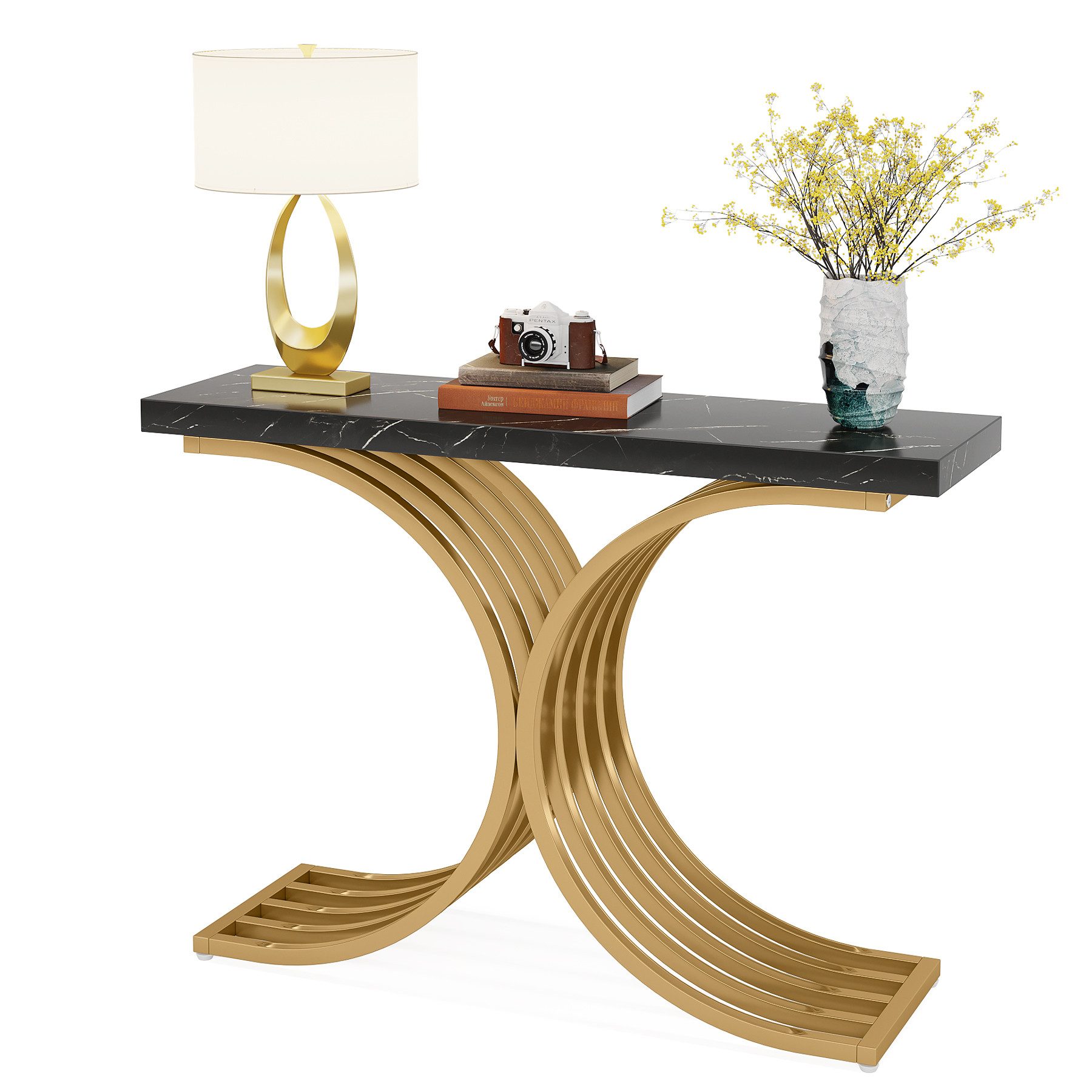 Tribesigns Konsolentisch 100 x 30 x 80 cm Schmal Flurtisch,Beistelltisch mit Gold Metallgestell (Weiß und Gold / Schwarz und Gold), Kleiner Ausstellungstisch, Sofatisch für kleinen Raum Eingang, Flur