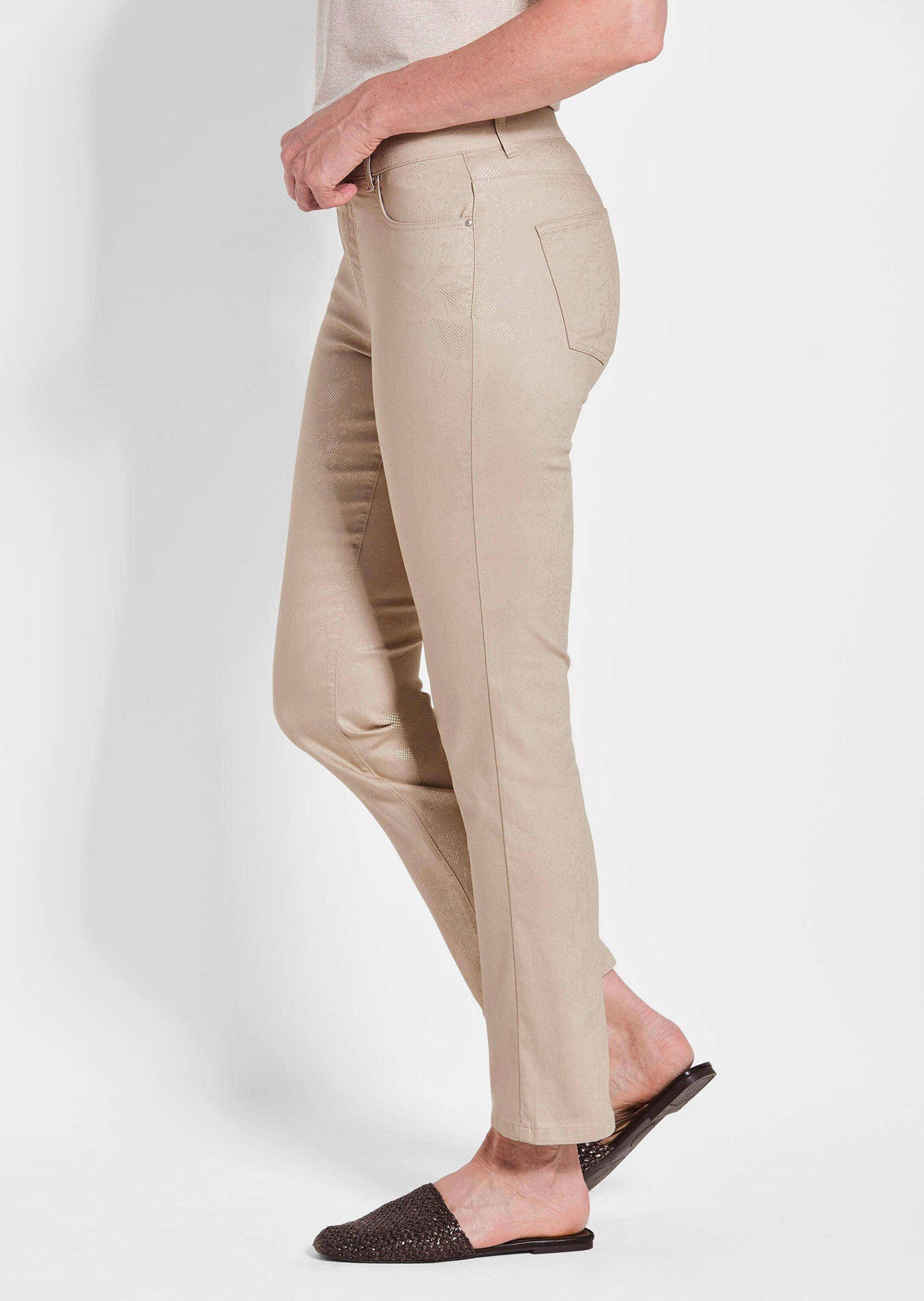 GOLDNER Stoffhose Knöchellange Jeans CARLA in Braun Slim Fit Jeans, Blumenmuster, Formbund, elastisch, bequem