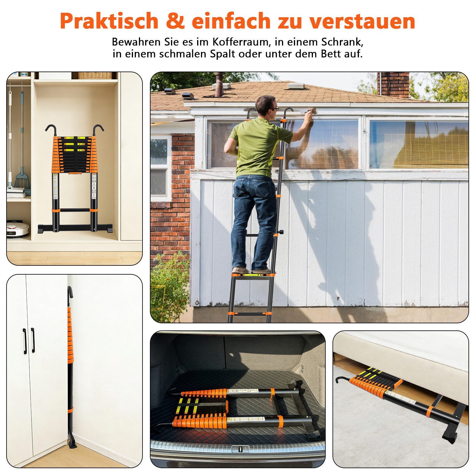 SunJas Teleskopleiter 4.7m/5M Ausziehleiter Anlegeleiter Multifunktionsleiter bis 150kg (mit abnehmbaren Haken, Außen‑Arbeitsleiter,höhenverstellbare Leiter,sch – Bild 5 von 5