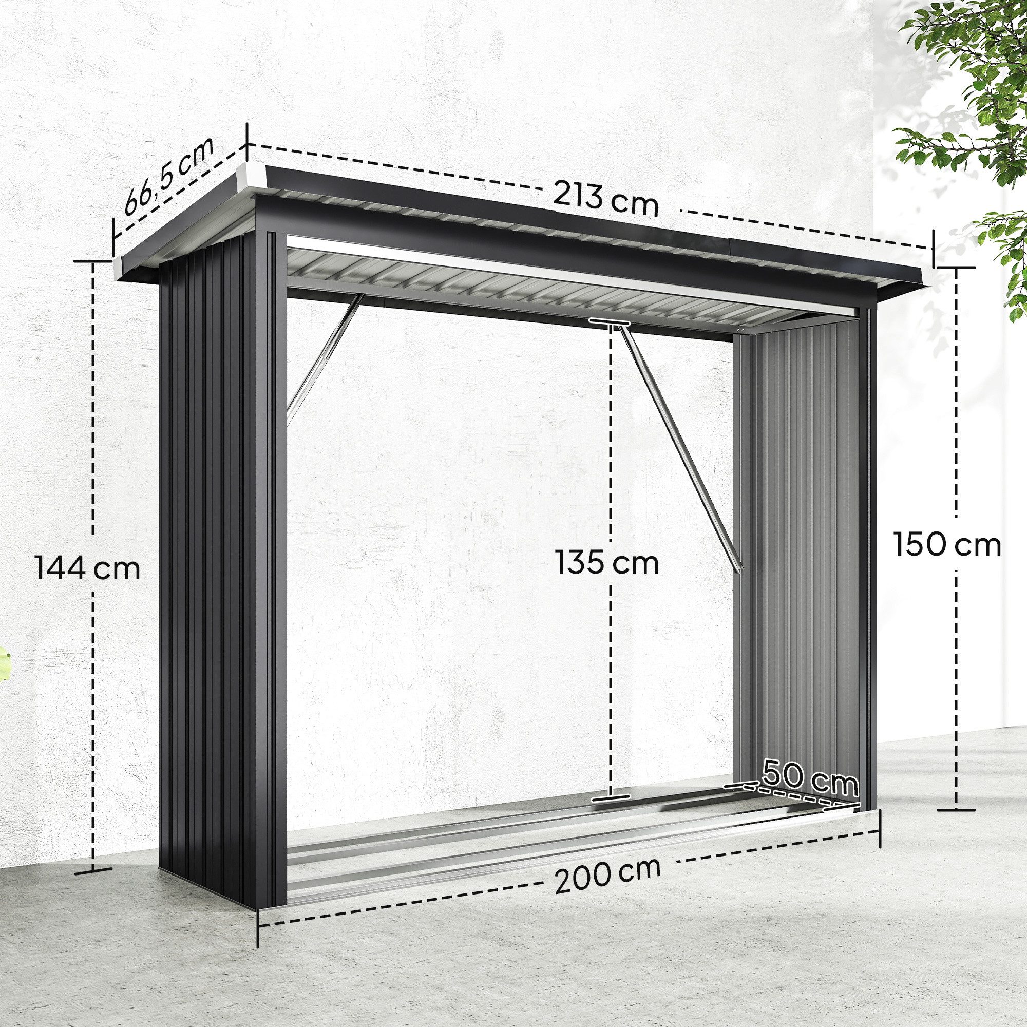 Outsunny Kaminholzregal-Erweiterung erhöhter Boden, BxTxH:213x66.5x150 cm, (Stahlschuppen, 1-St., Feuerholz-Unterstand), Wellblechdach, Dunkelgrau