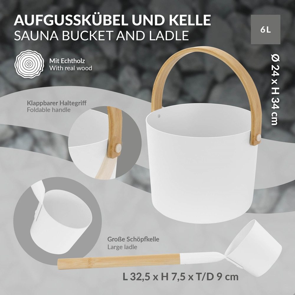LuxeBath Sauna-Aufgussset 2-teilig Saunazubehör-Set aus Aluminium & Bambus, Sauna Set Zubehör Inkl. 6L Aufgusskübel mit klappbarem Griff & Schöpfkelle, Saunaeimer
