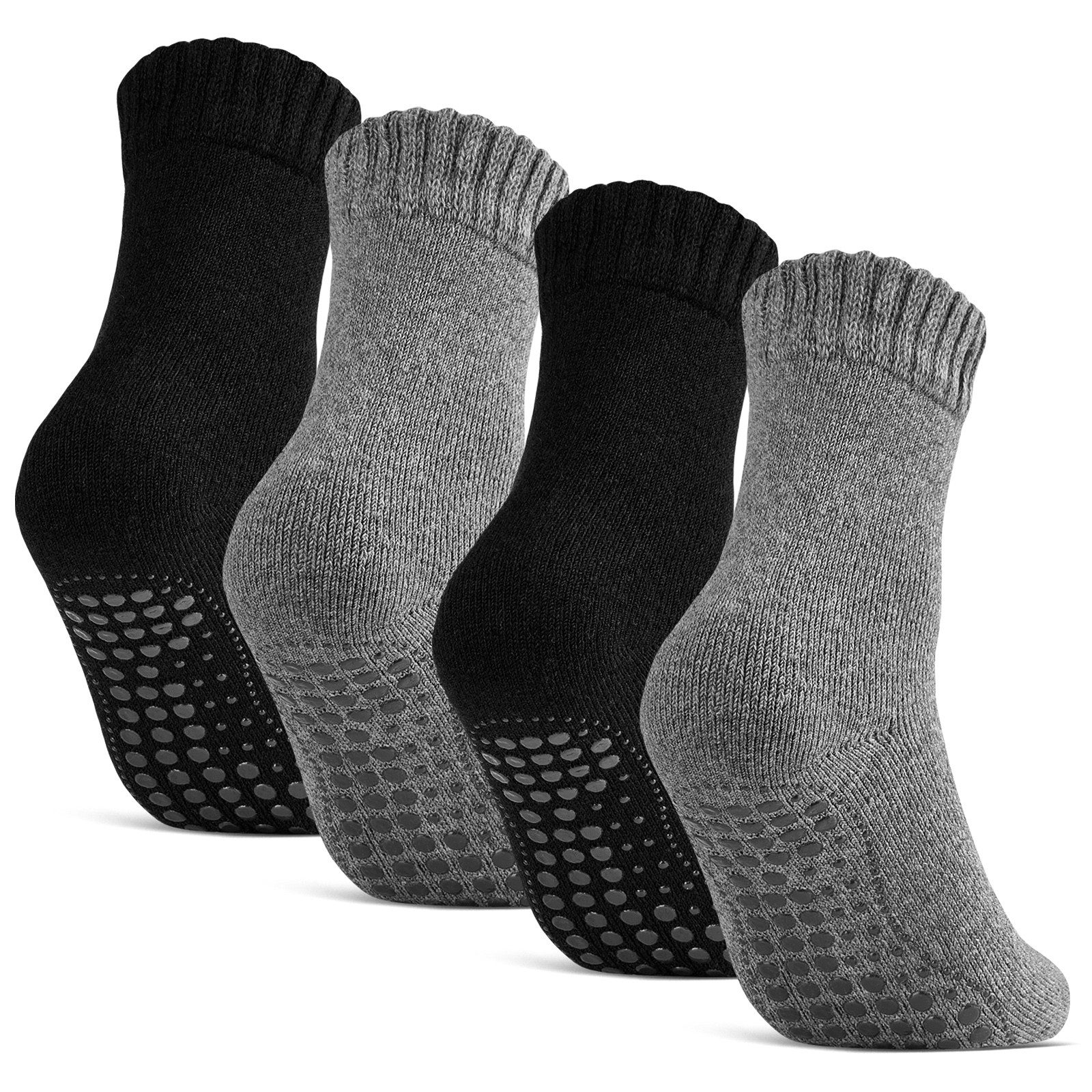 sockenkauf24 ABS-Socken Antirutschsocken warme Stoppersocken mit Wolle Vollfrottee (Schwarz/Anthrazit, 4-Paar, 47-50) mit Komfortbund für Damen & Herren - 21463