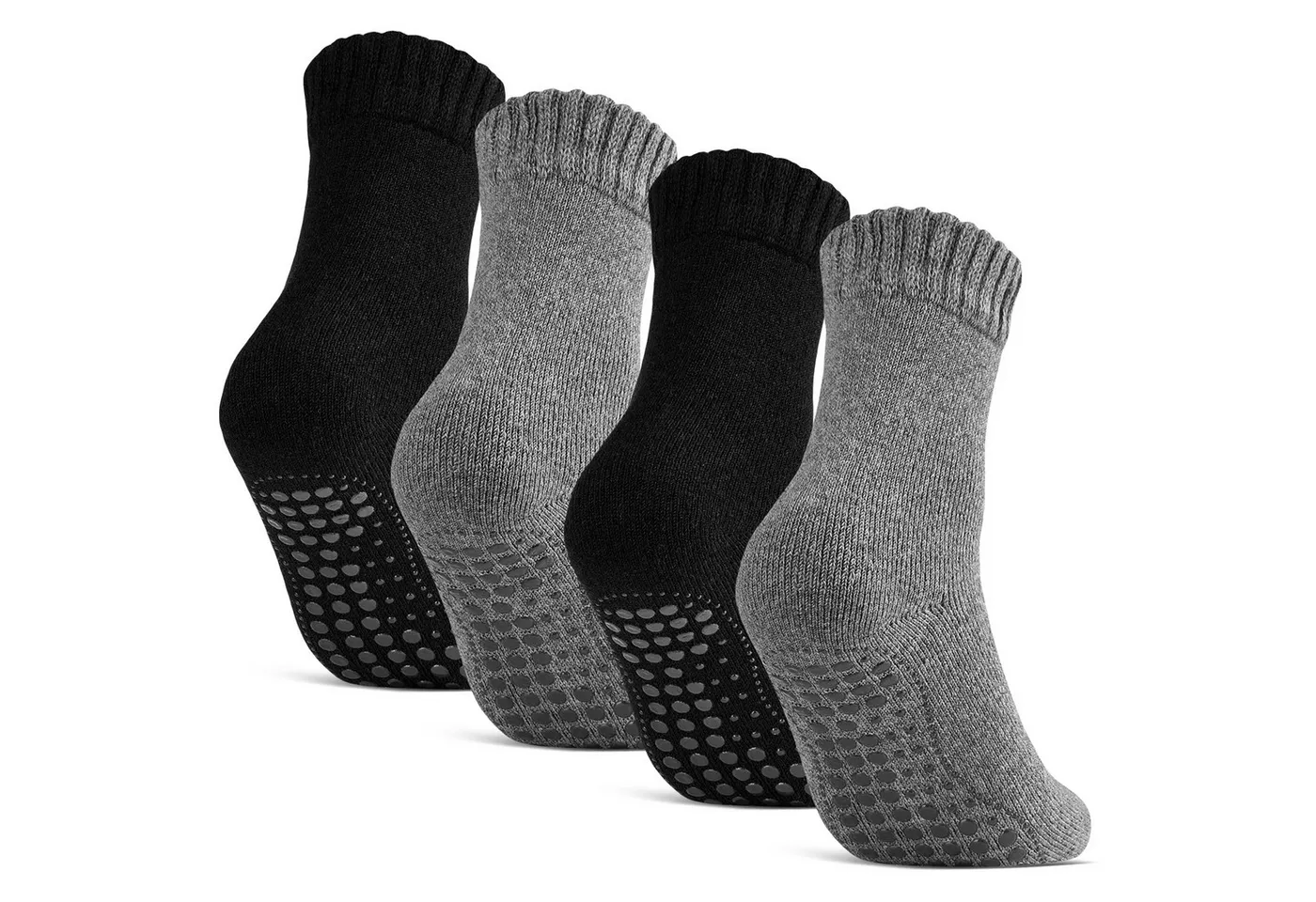 sockenkauf24 ABS-Socken Antirutschsocken warme Stoppersocken mit Wolle Vollfrottee (Schwarz/Anthrazit, 4-Paar, 47-50) mit Komfortbund für Damen & Herren - 21463