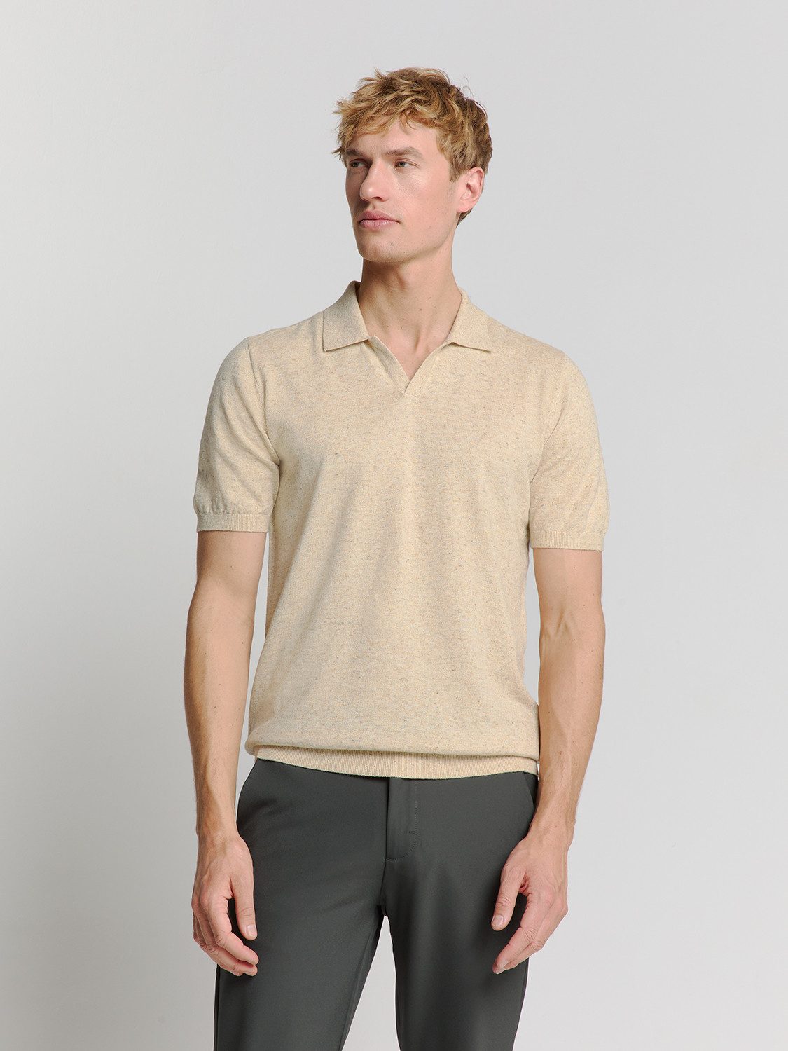 NO EXCESS T-Shirt Pullover Short Sleeve Polo V Melange With Linen, Sand