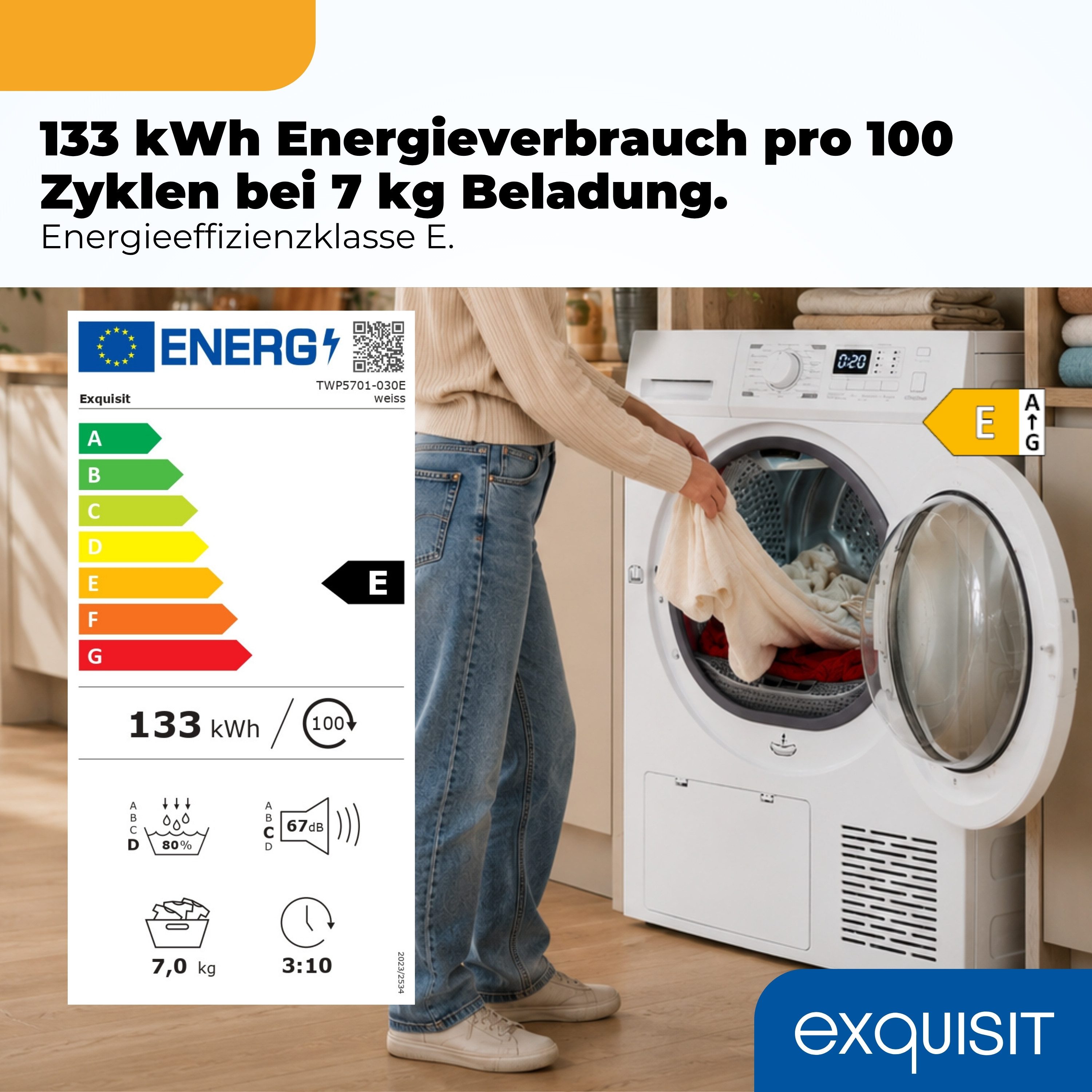 exquisit Wärmepumpentrockner TWP5701-030E, 7 kg Nennkapazität, 16 Programme, Energieklasse E, 67 dB