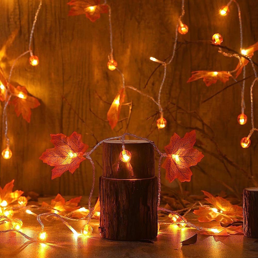 Thanksgiving Kürbis Ahornblatt Halloween LED-Lichterkette Deko,1.5/3/6m,10/20/40LEDs,Batterie,Warmweiß, MUPOO Girlande,für Nachtlicht LED Dekolicht, LED