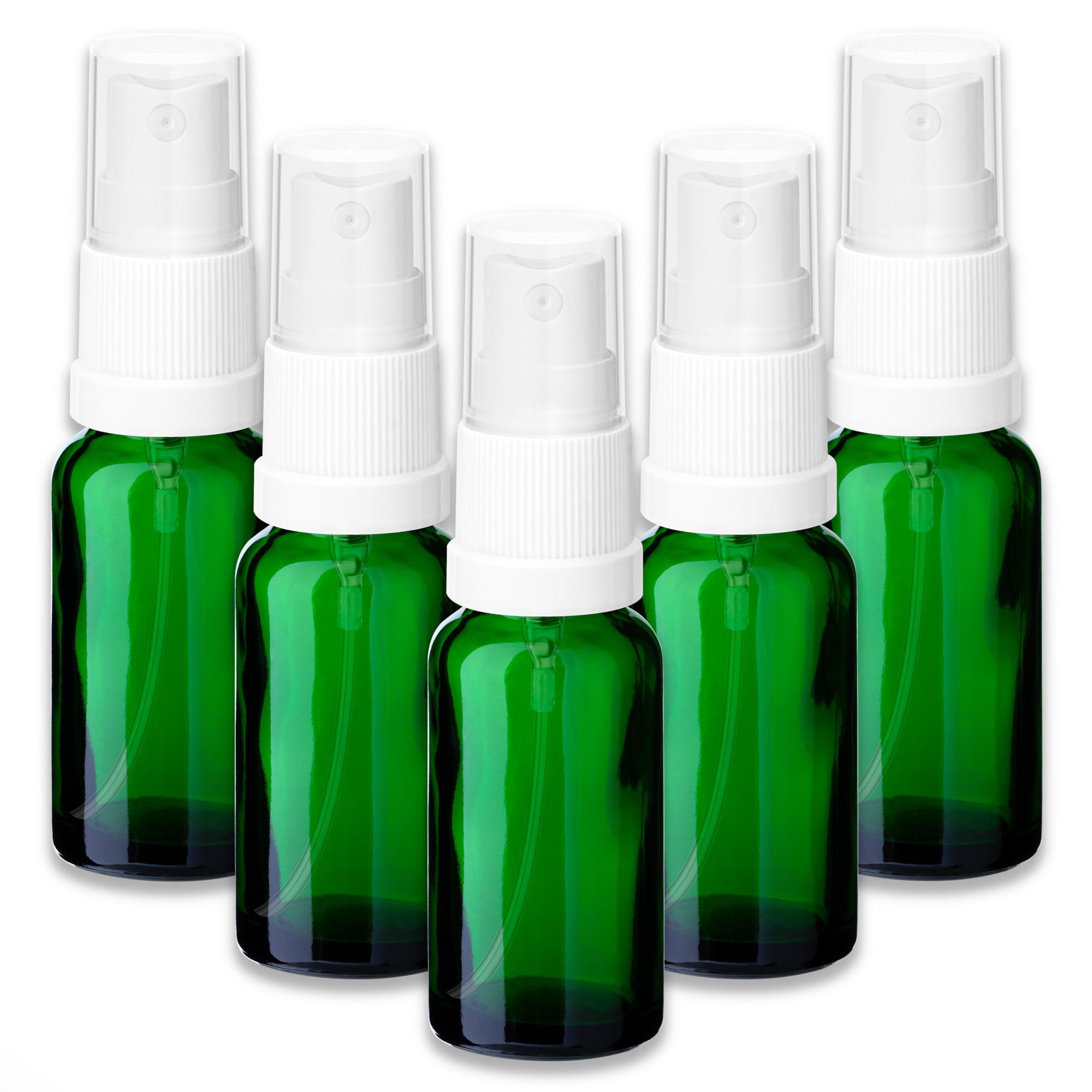 Zerstäuberflasche 5x Grüne Glasflasche 20 ml mit weißem Zerstäuber und Schutzkappe leer