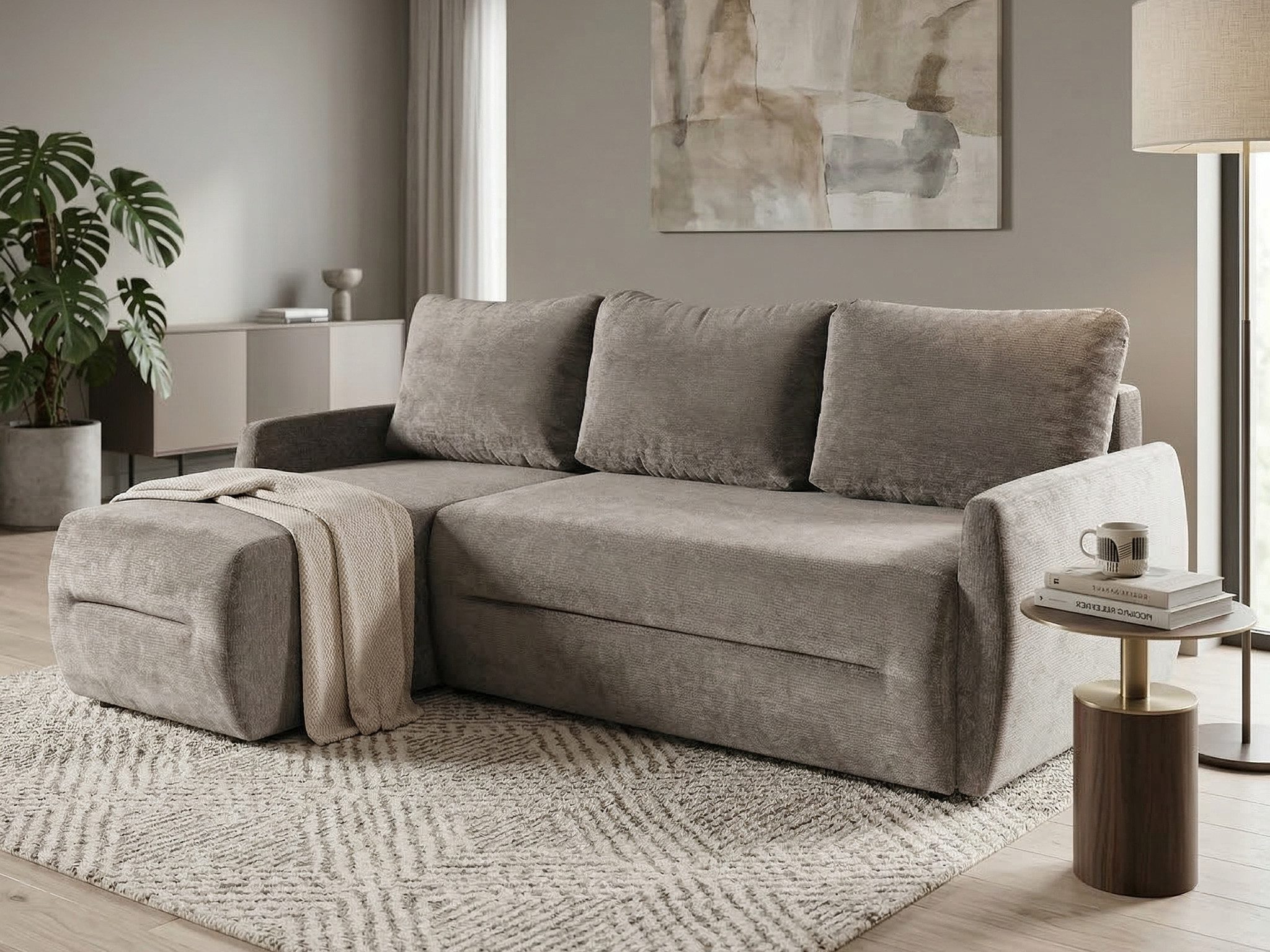 Beautysofa Ecksofa Camila mit Schlaffunktion & Bettkasten, Schlafsofa beige oder dunkelgrau, Liegefläche 204x139 cm, L-Form Sofa, universelle Eckcouch links/rechts montierbar